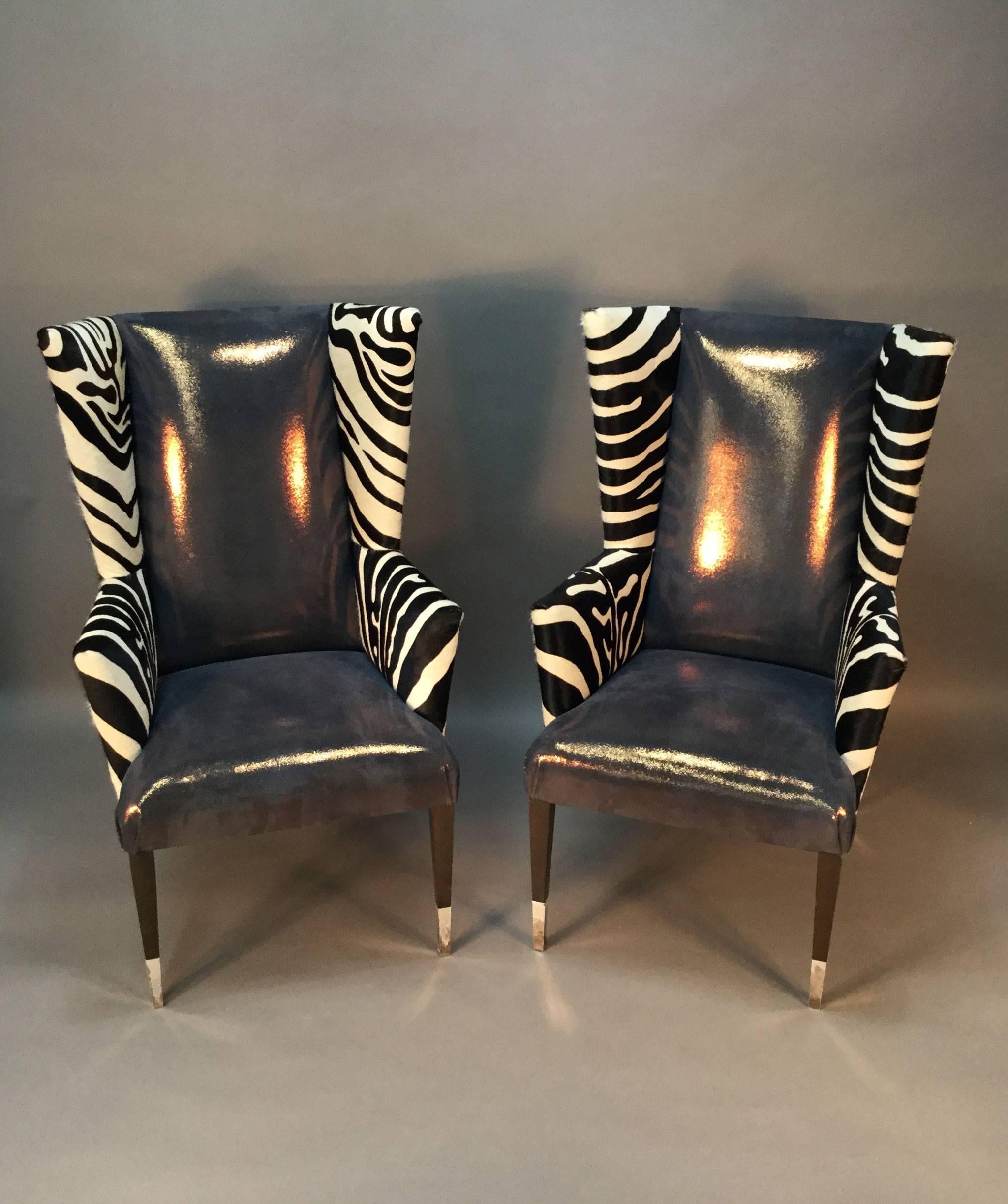 Late 20th Century Pair of Modern Wingback Chairs in Zebra Printed Cowhide and Faux Shagreen