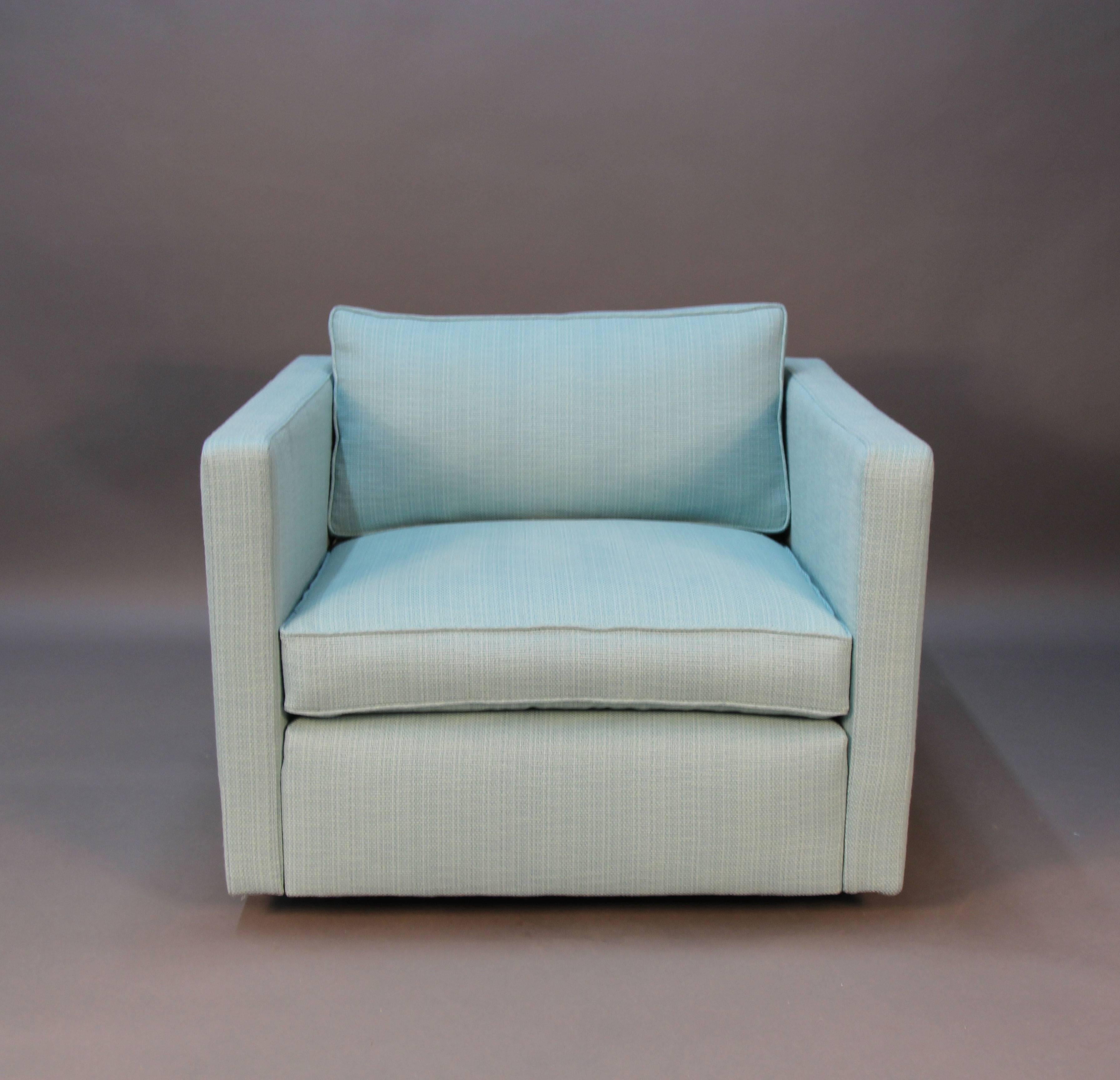 Beautiful aquamarine woven fabric on these newly upholstered pair of Knoll club chairs.  Clean mid century modern lines, cube chairs.

After earning a B.A. in Architecture from the University of California, Charles Pfister worked on the staff of