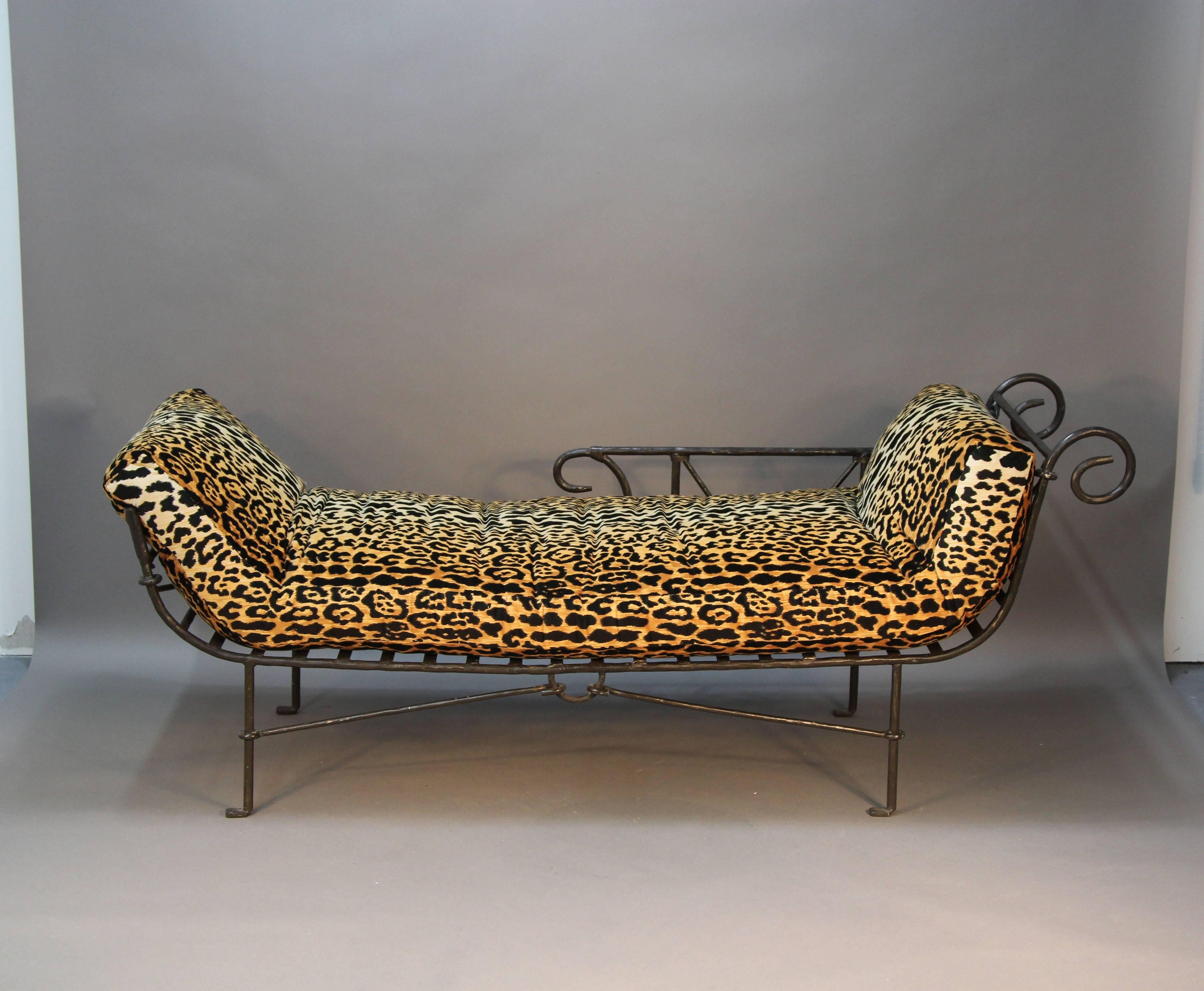 American Craftsman Iron Hand-Crafted Daybed with Leopard Print in the Manner of Brancusi  For Sale