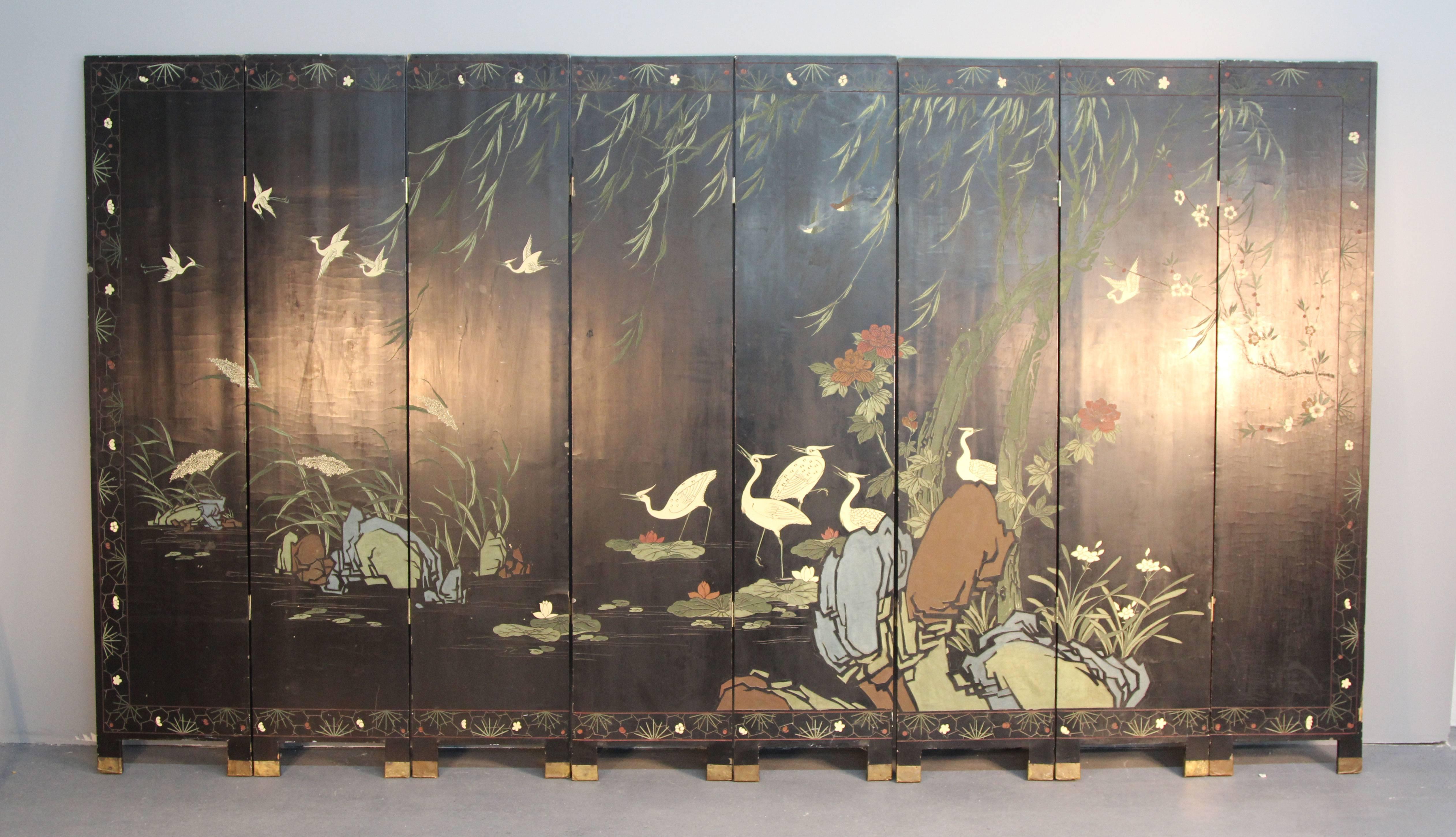 Eight-Panel Asian Folding Screen In Good Condition In Bridport, CT