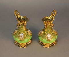 Antique French Pair of Jade Opaline Perfume Ewers