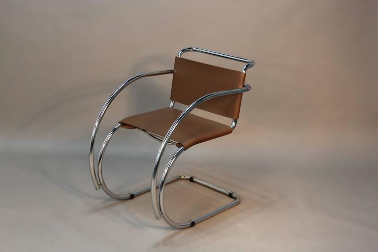 Amazing and excellent condition, pair of Mies Van Der Rohe MR20 chrome tube and leather armchairs. It doesn't get more iconic than these. Work great for dining, occasional, or lounge chairs.

