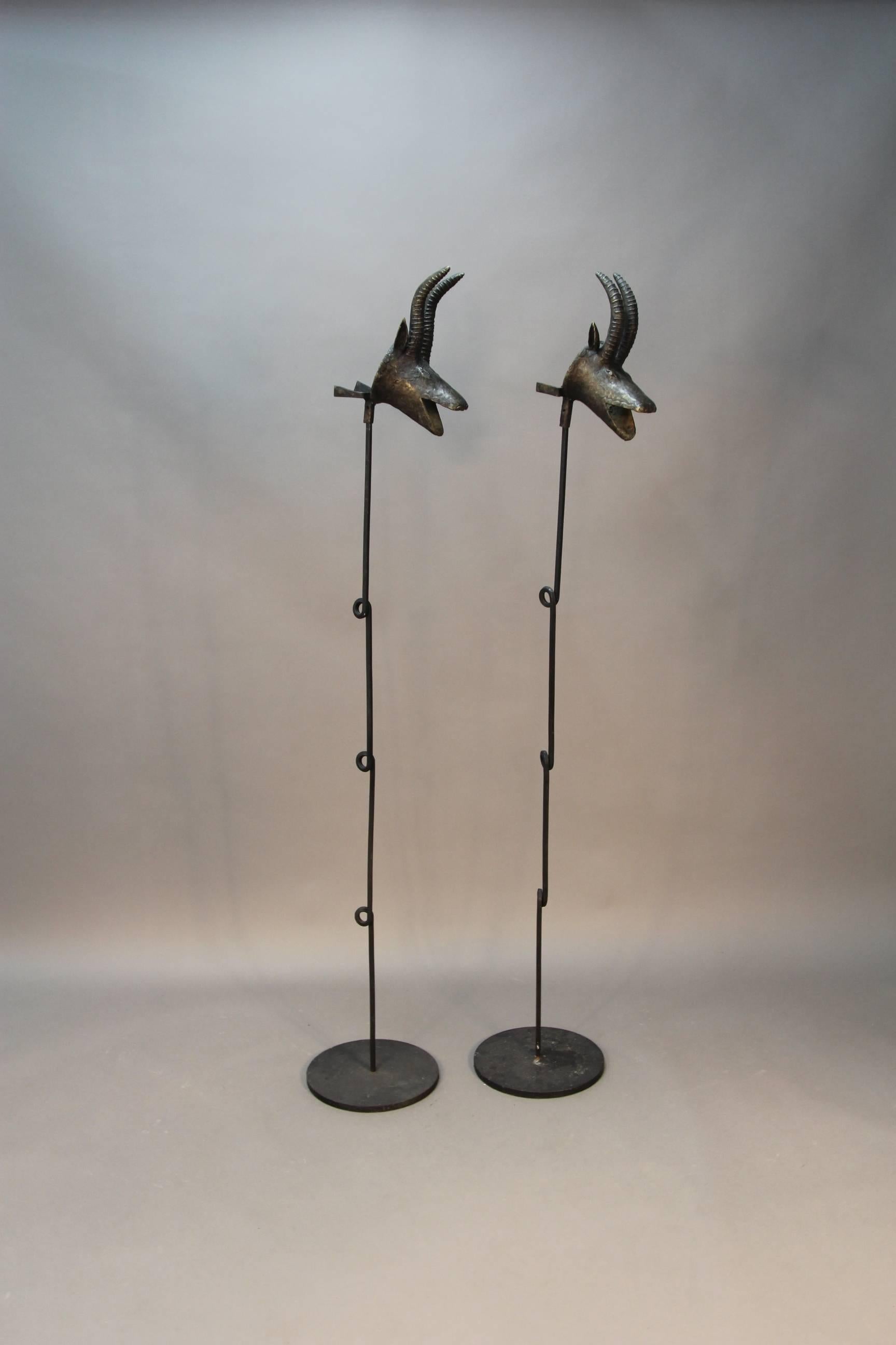 African Pair of Benin Bronze Antelope Heads on Stands For Sale
