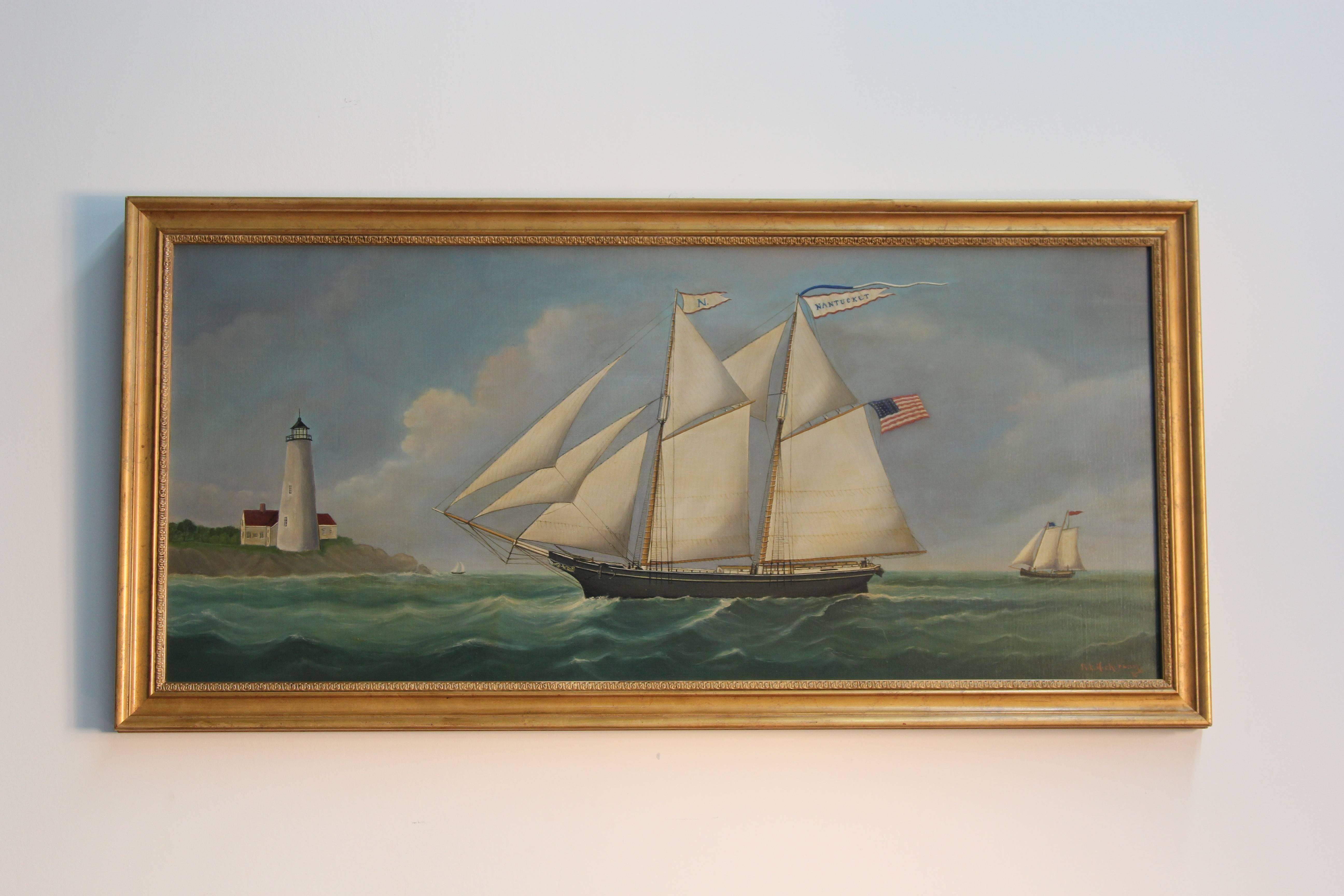 American schooner NANTUCKET off lighthouse, marine painting by Reginald Nickerson (1915-1999) oil on canvas, 19 x 24.5 inches. Framed.