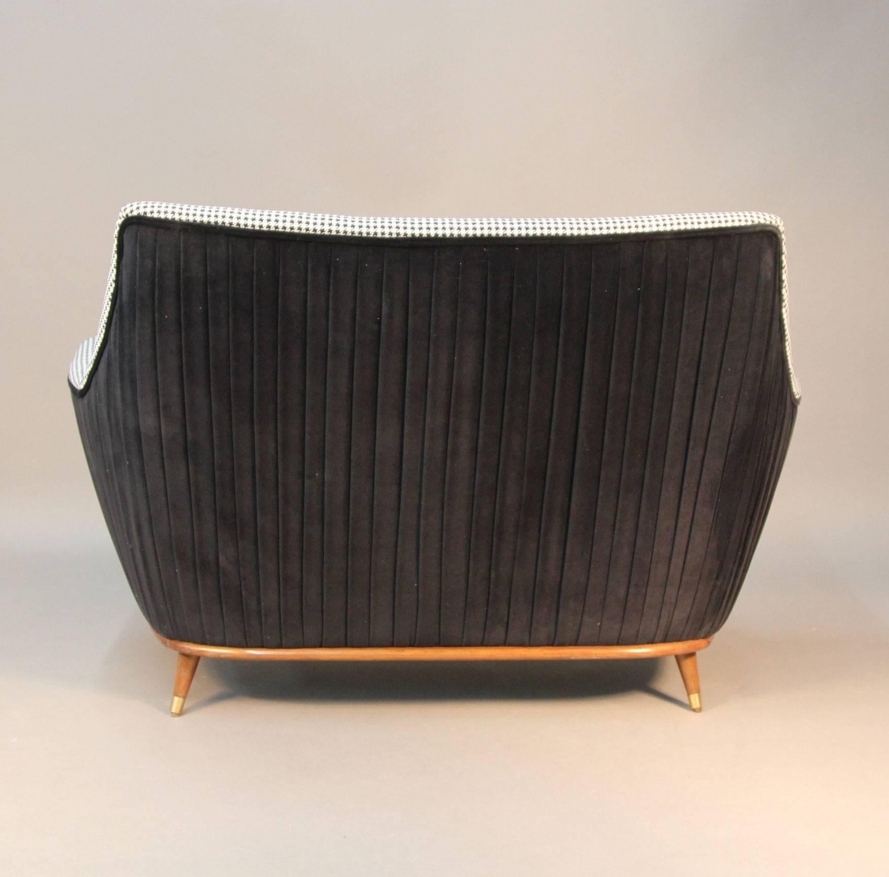 Mid-Century Modern Mid-Century Settee with Custom Houndstooth and Pleated Velvet Upholstery