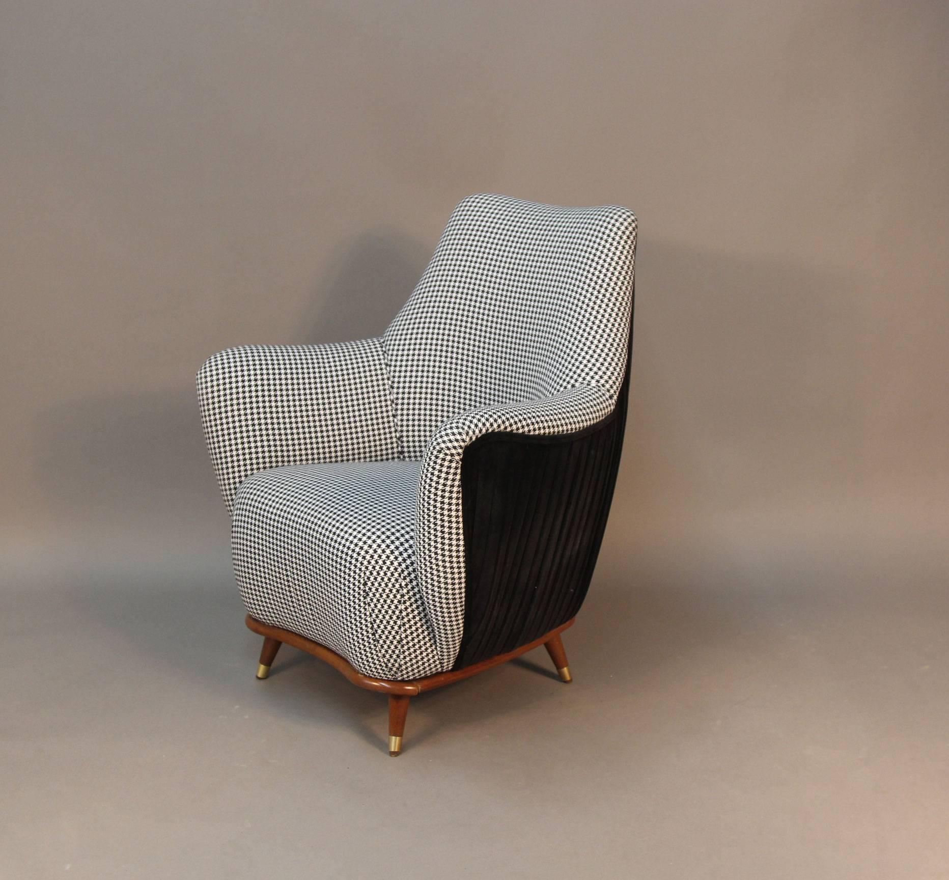 American Pair of Mid-Century Club Chairs with Houndstooth and Pleated Velvet Upholstery