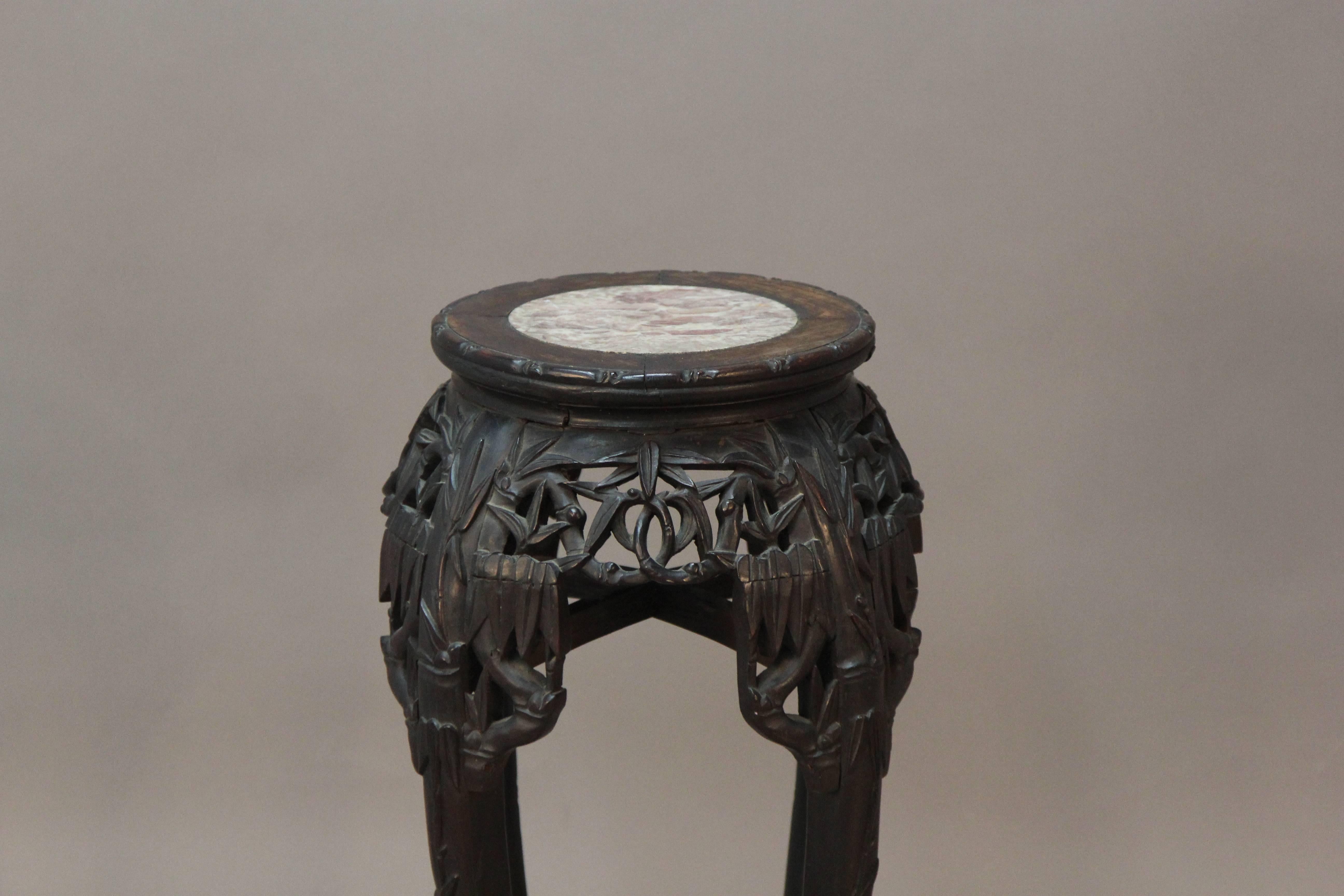 19th Century Carved Wood Chinese Pot Stand with Round Marble Insert In Good Condition For Sale In Bridport, CT