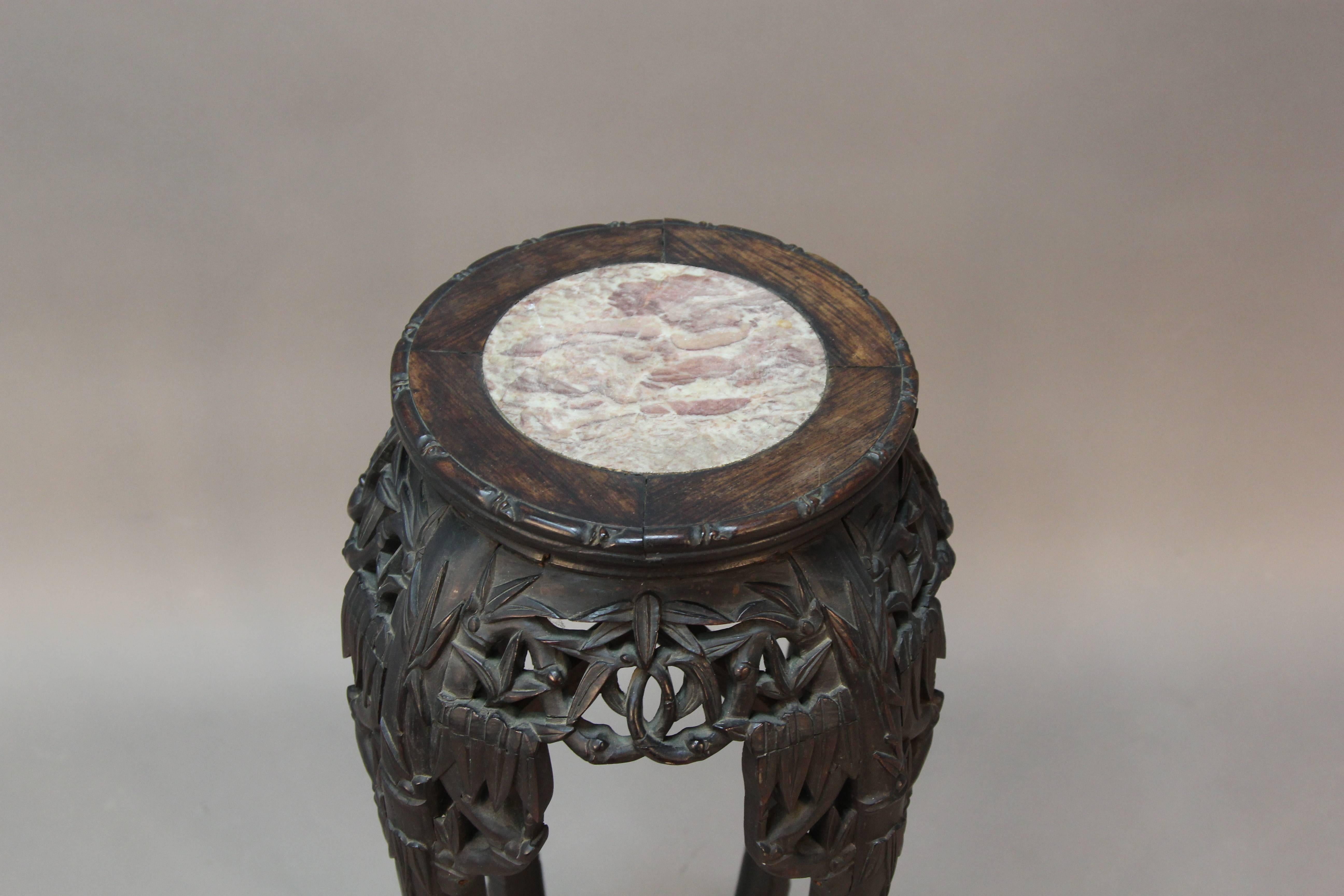 Late 19th Century 19th Century Carved Wood Chinese Pot Stand with Round Marble Insert For Sale