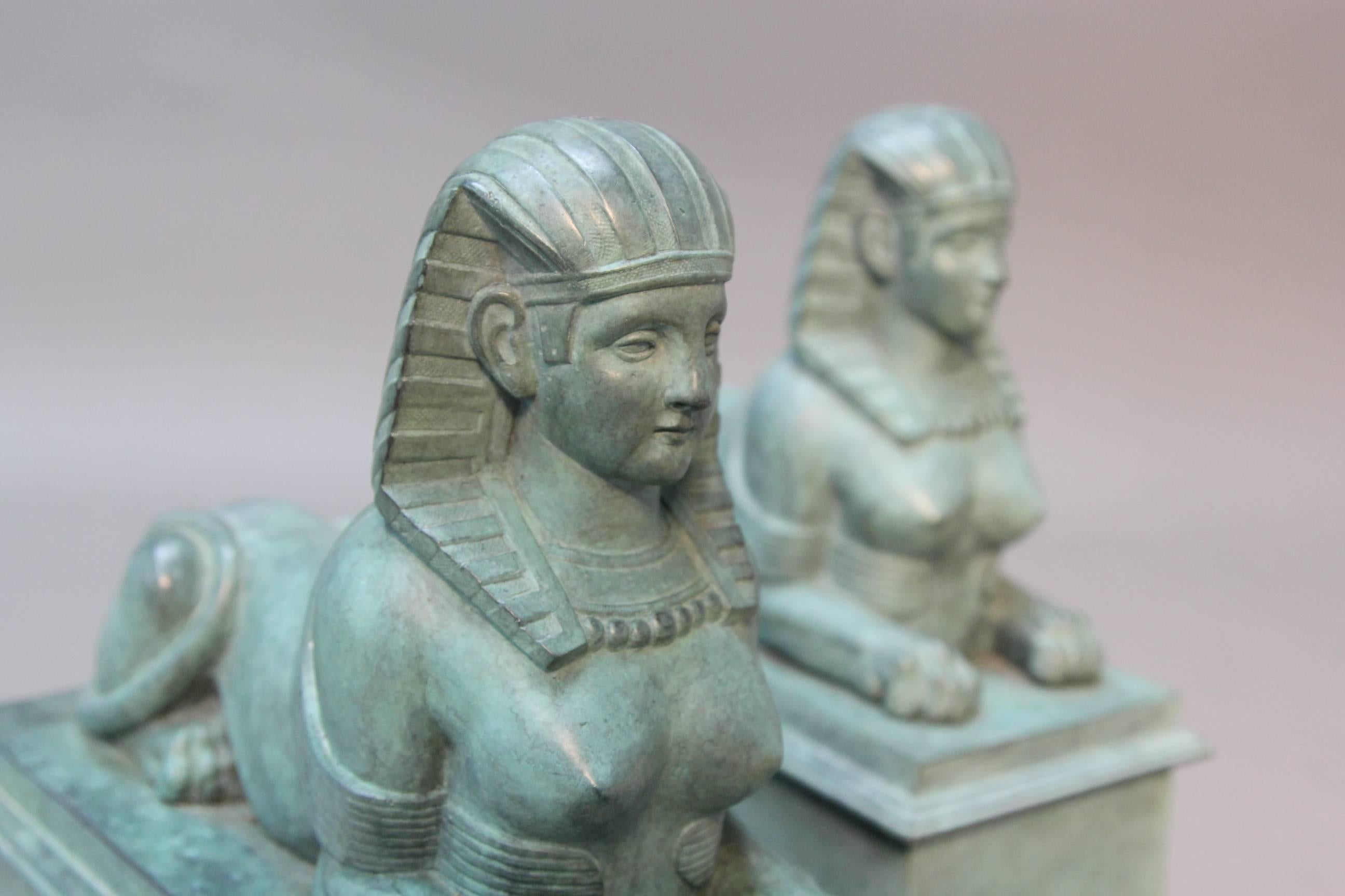 Baroque Antique Pair of Egyptian Revival Bronze Sphinx For Sale