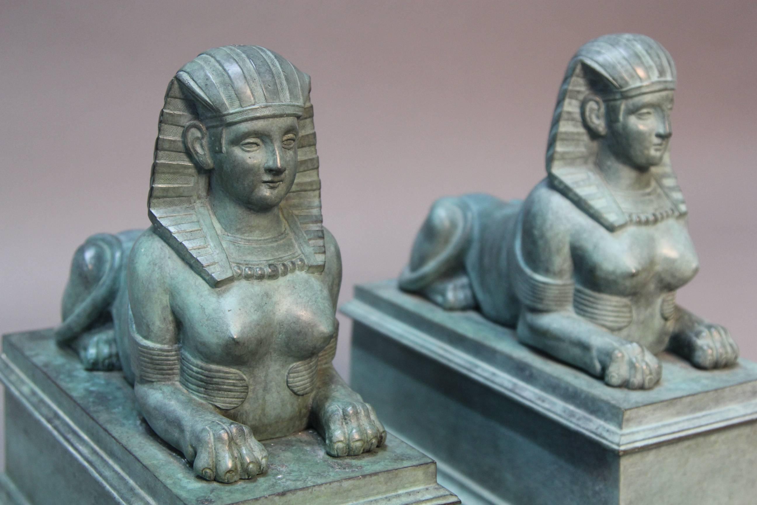 Early 20th Century Antique Pair of Egyptian Revival Bronze Sphinx For Sale