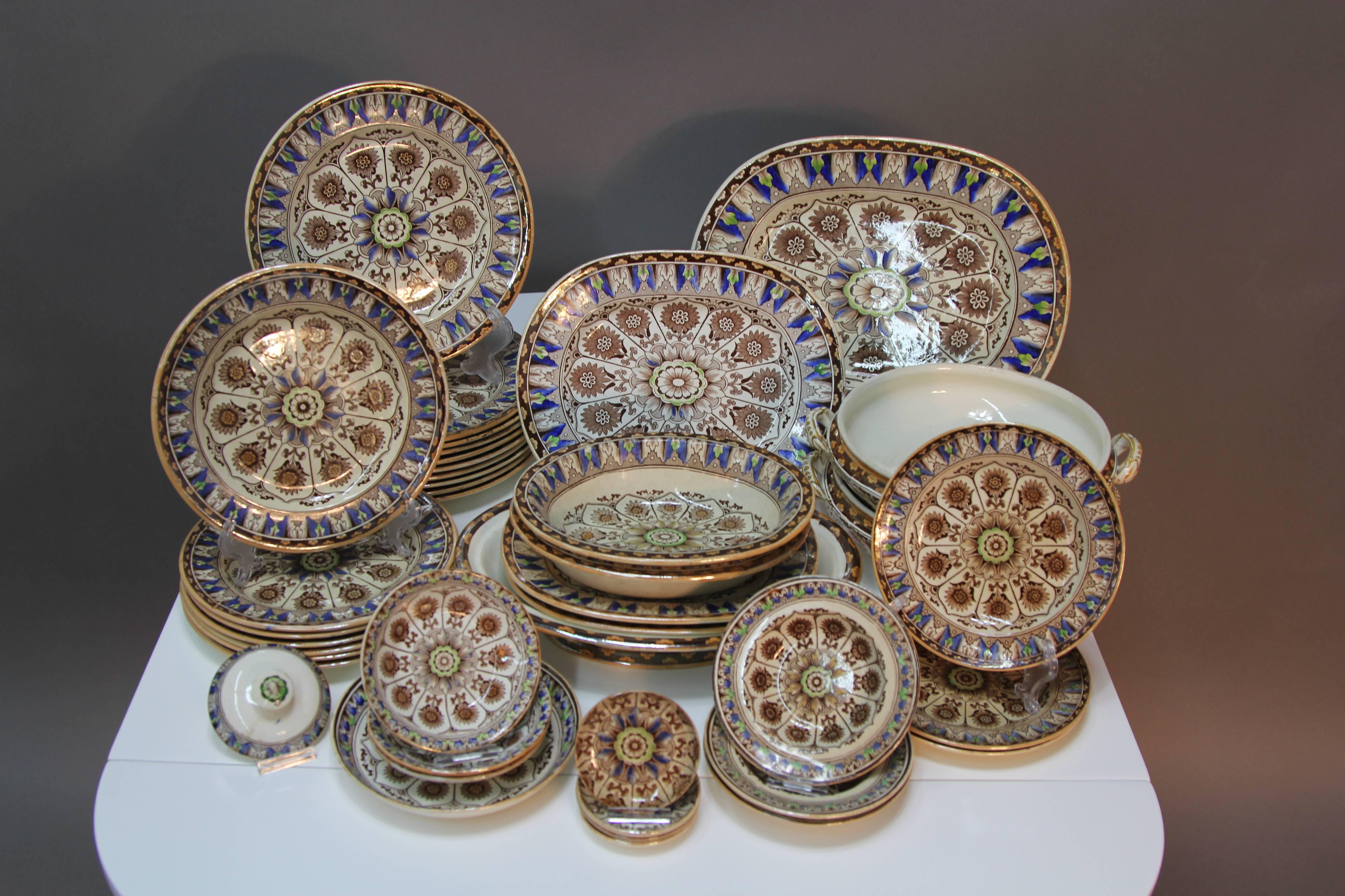 William Brownfield & Sons, Cyprus pattern China including oval platters, dinner plates, desert plates, tureens and miscellaneous small plates. Various marked, some impressed and some say "trade mark." An excellent example of Victorian