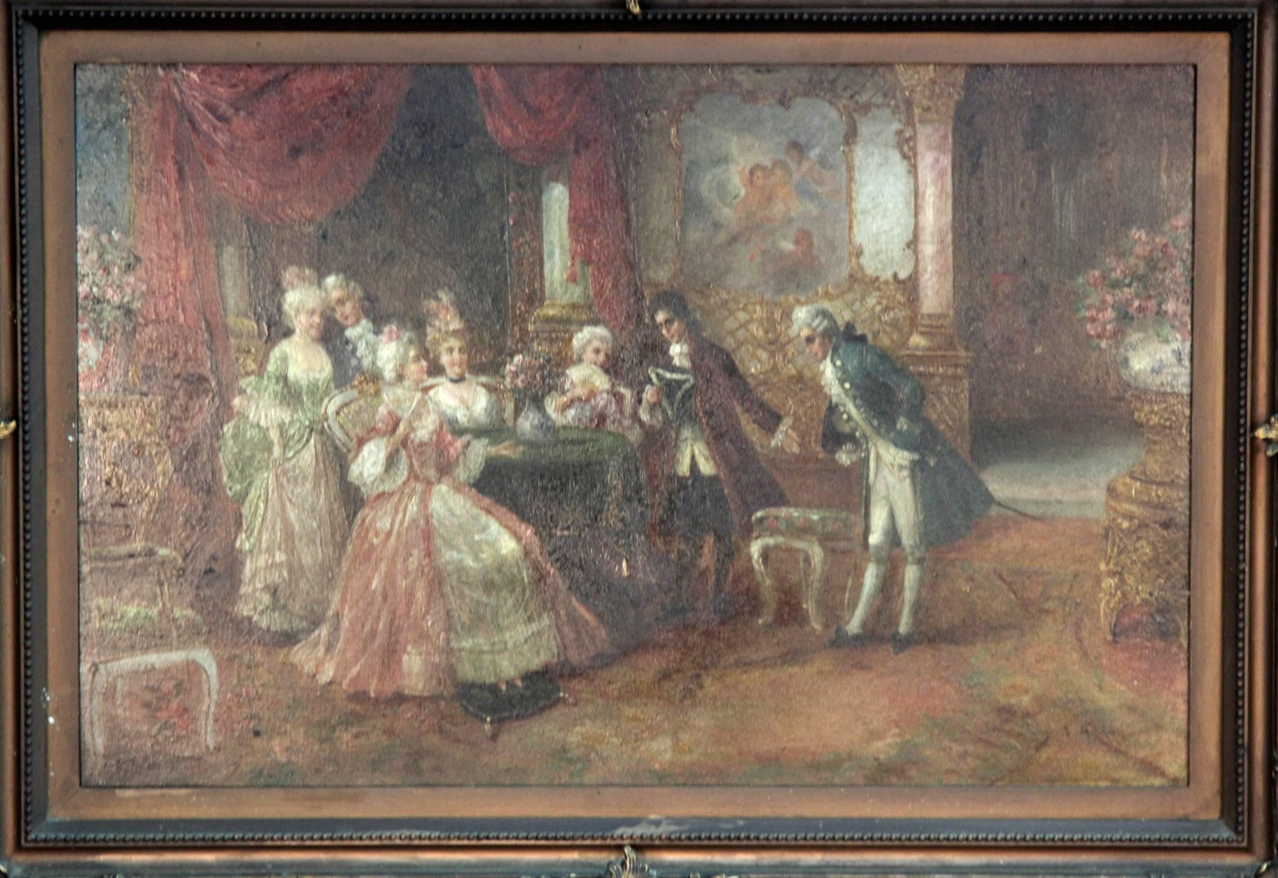 Painting depicting the French Royal court in all their glamour, circa 1800. Signed lower right. Carved giltwood frame.
