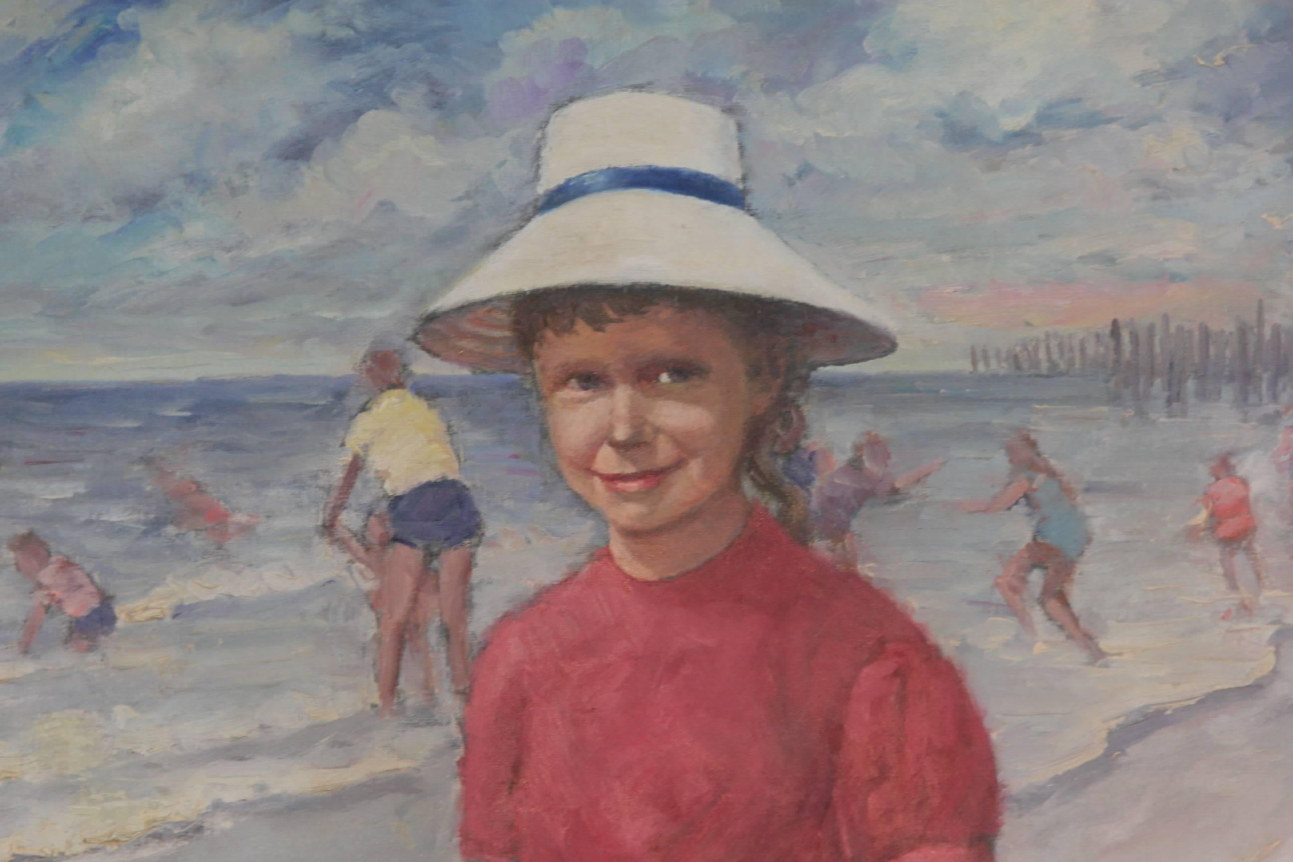 A large Russian painting by Vladimir Lazarev of a little girl in her red bathing suit, smiling at the beach. Signed lower left, giltwood gallery frame.