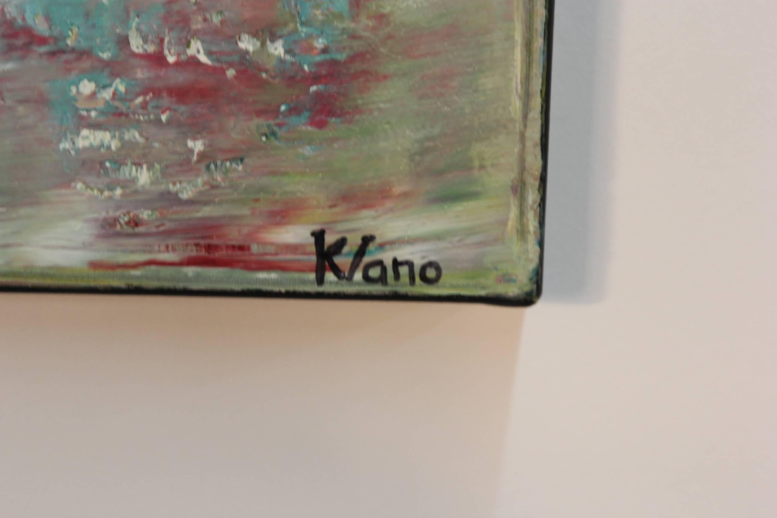 A very fine and colorful abstract painting by Kloe Vano. With soft blue, pink and chartreuse colors. Signed lower right and titled on the back.