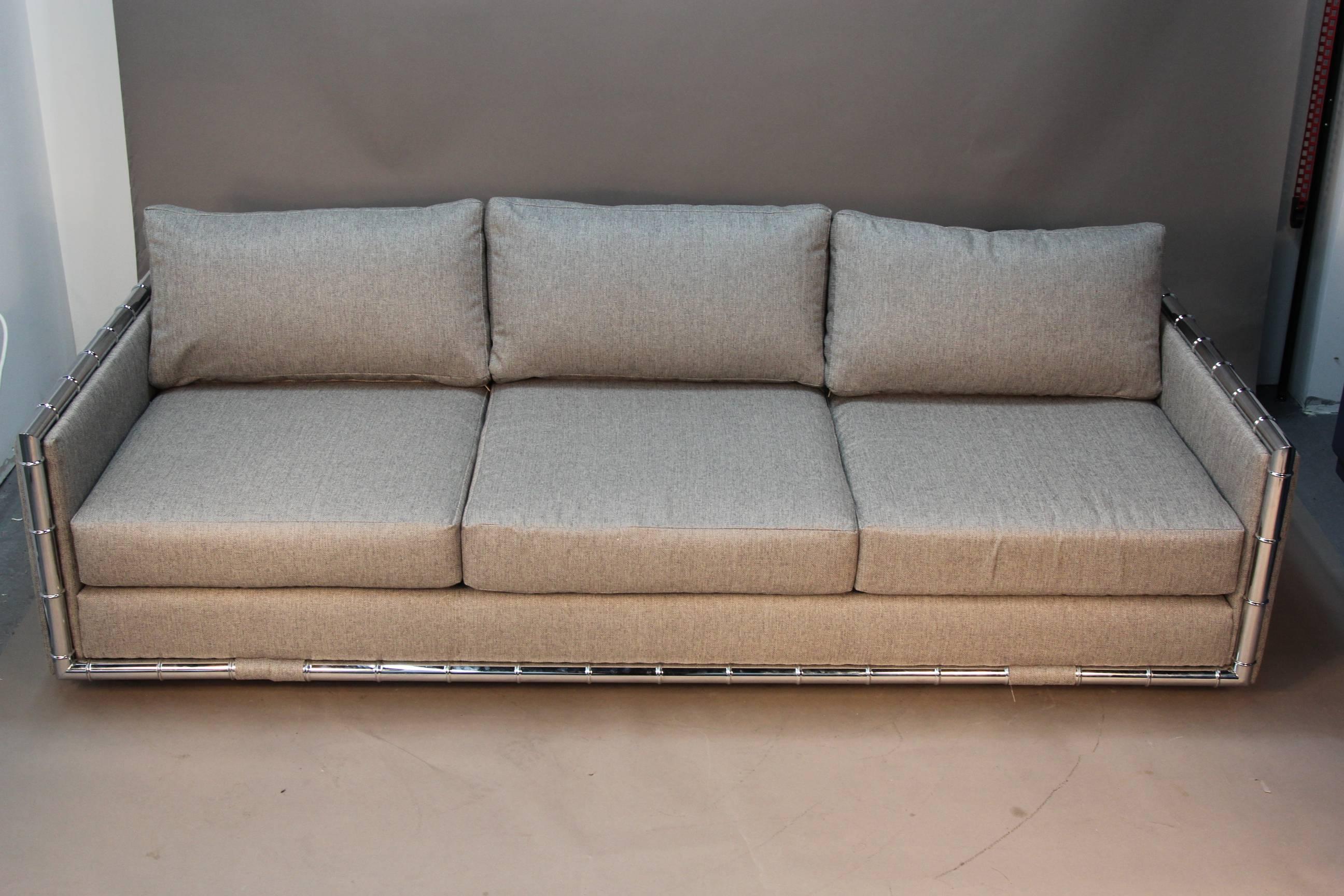 Adrian Pearsall for Craft Associates faux bamboo frame sofa. Newly re-upholstered in herringbone fabric. Matching loveseat also available. Very unique piece, amazing condition.