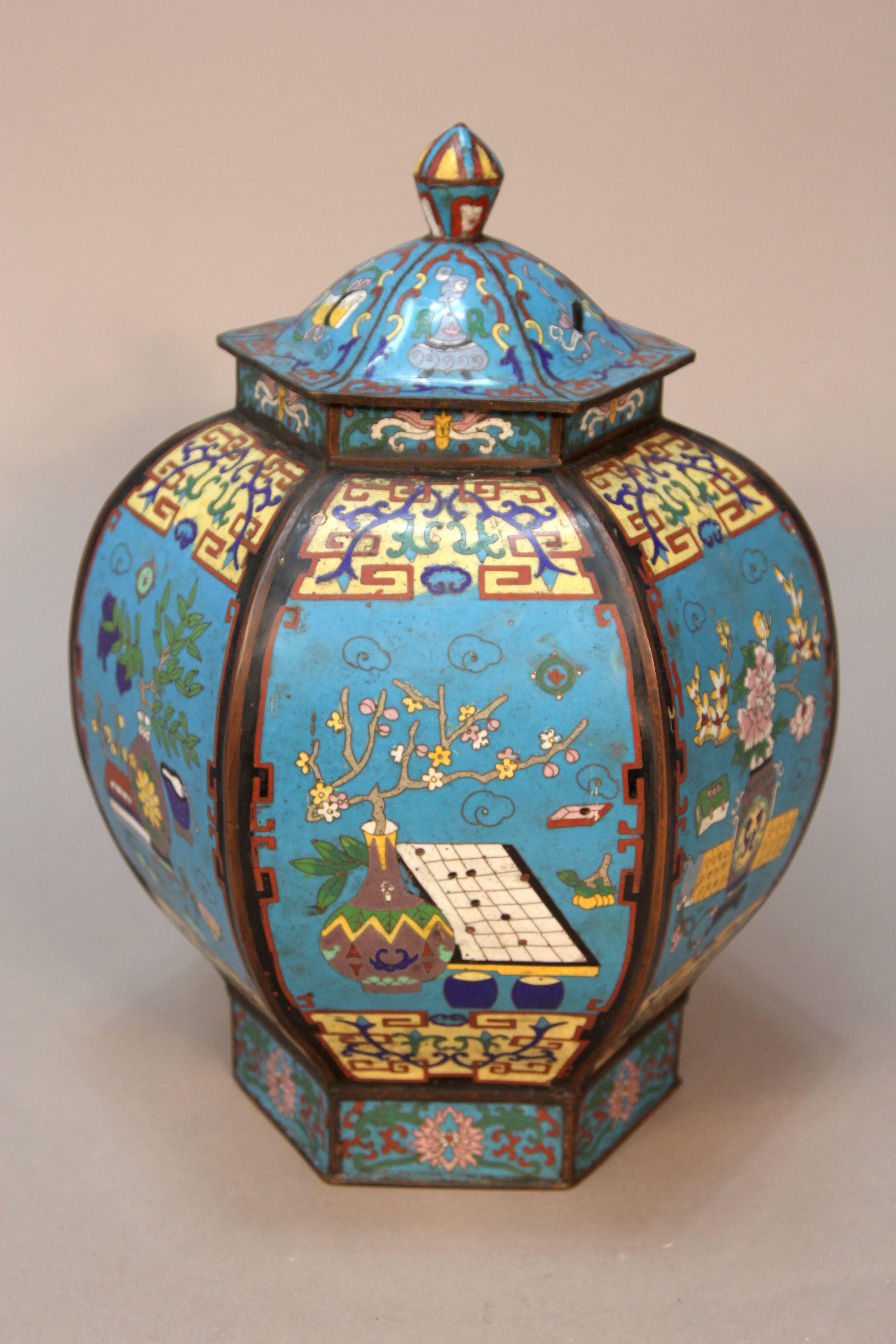 A museum quality antique six sided Chinese large covered urn. Having different still life scenes on each panel with precise detail to nature in true form. Imperial quality with vibrant colors.