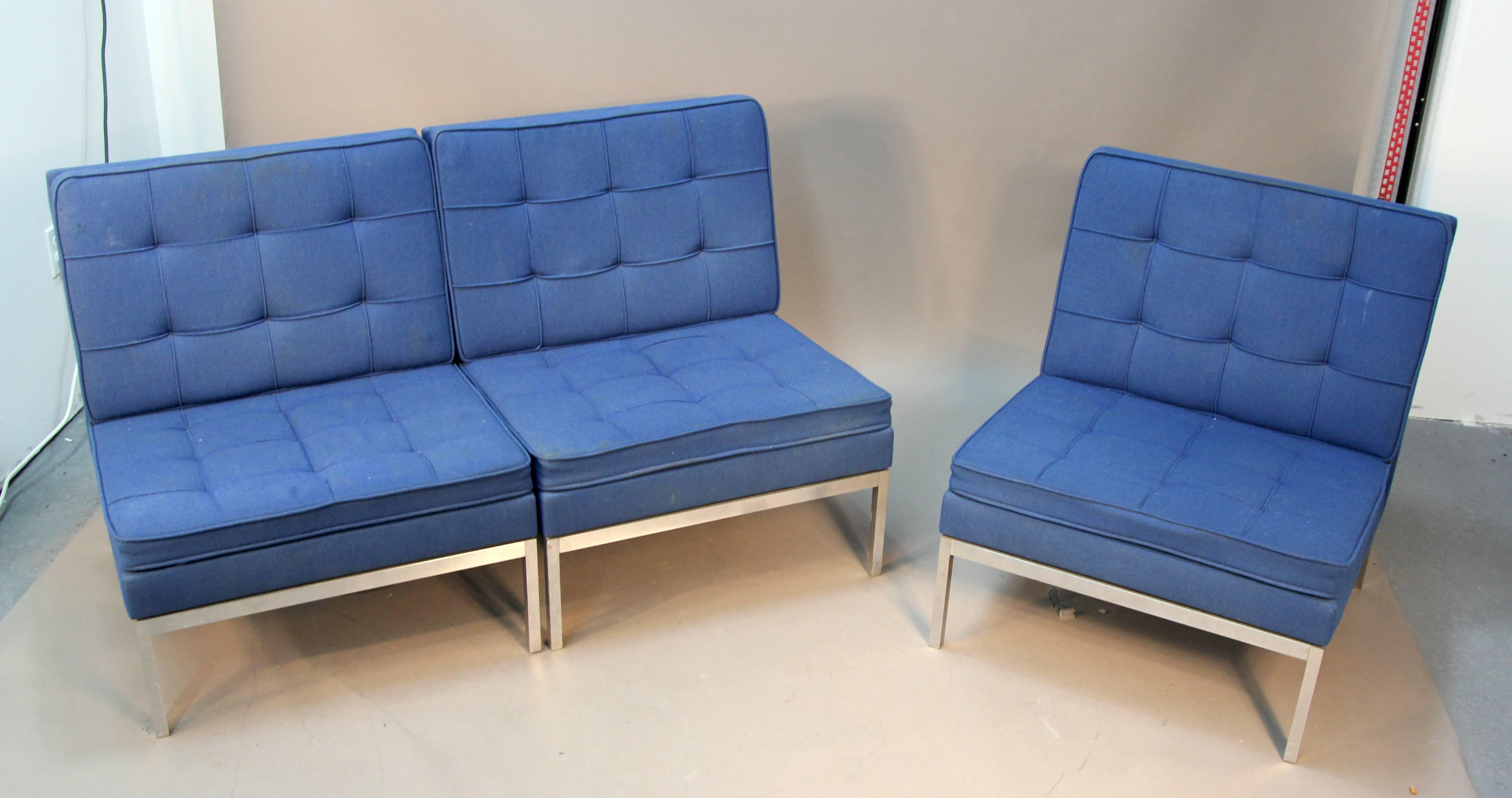 Chrome Three-Piece Knoll Sectional Sofa or Three Lounge Chairs For Sale