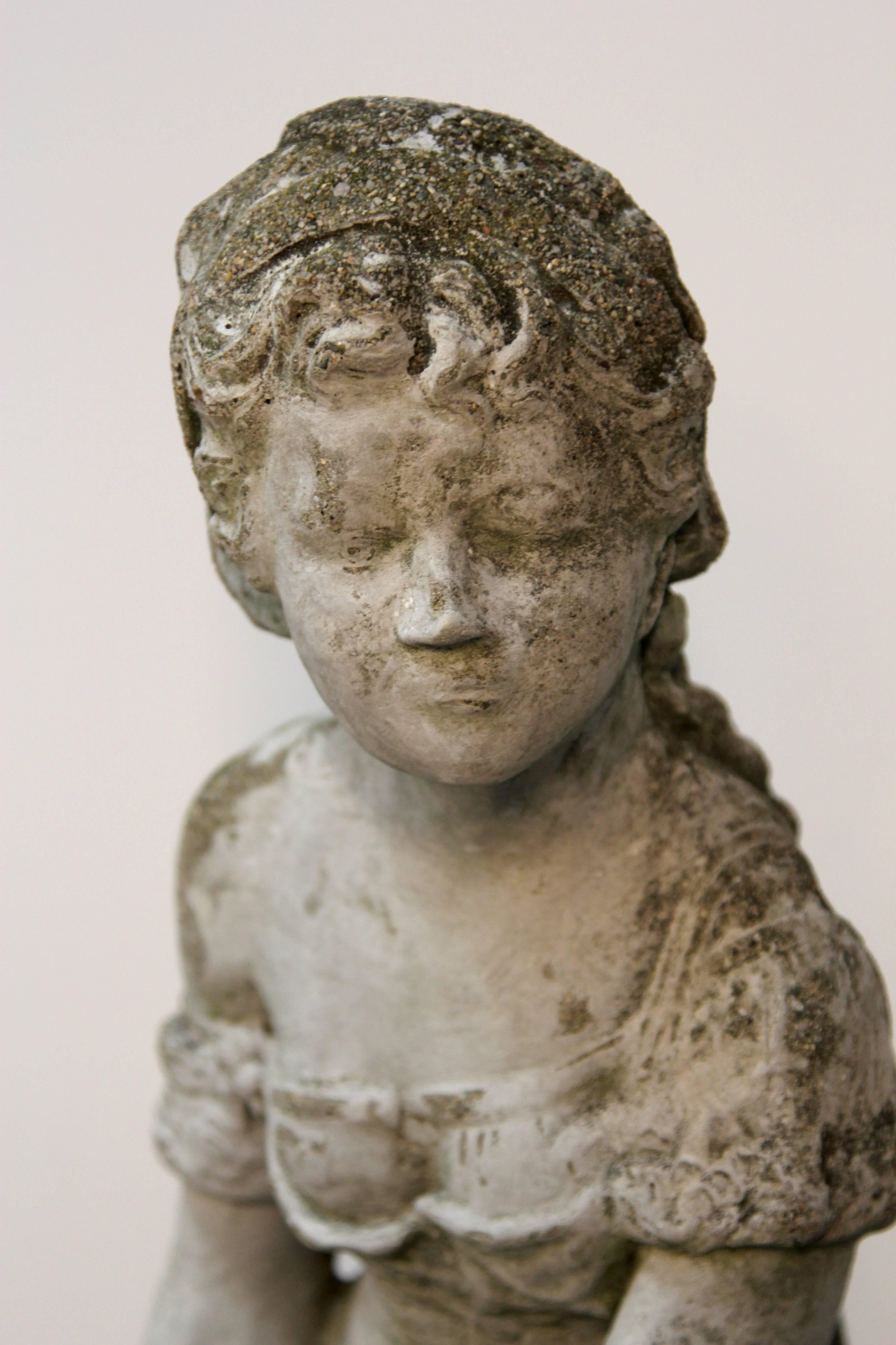 Gorgeous garden statuary, young girl with braids. Lovely, elegant with beautiful patina.