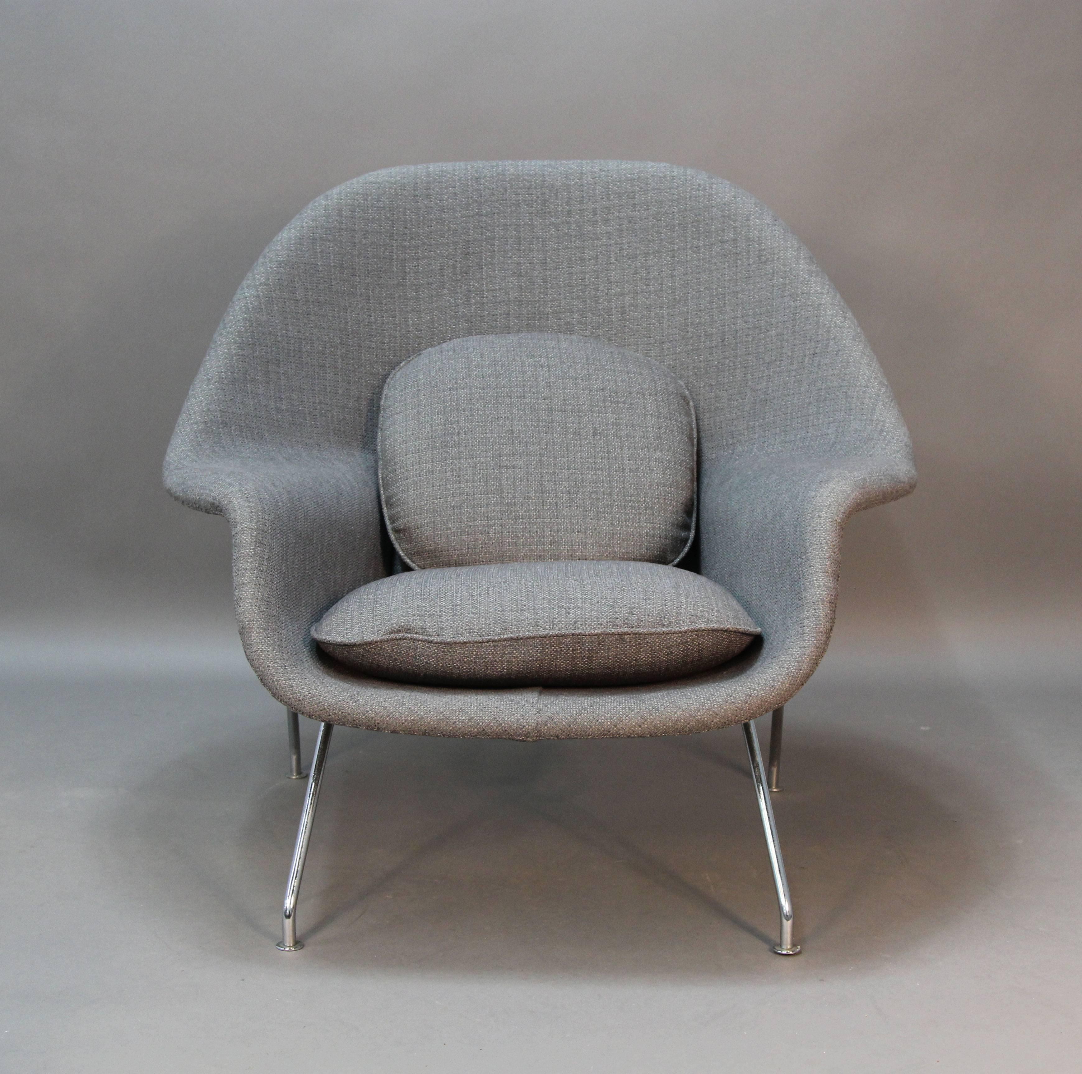 Incredible woven grey newly upholstered womb chair and ottoman. Iconic piece for any space, and extremely comfortable hence the name. Chrome legs and all new foam and cushions.