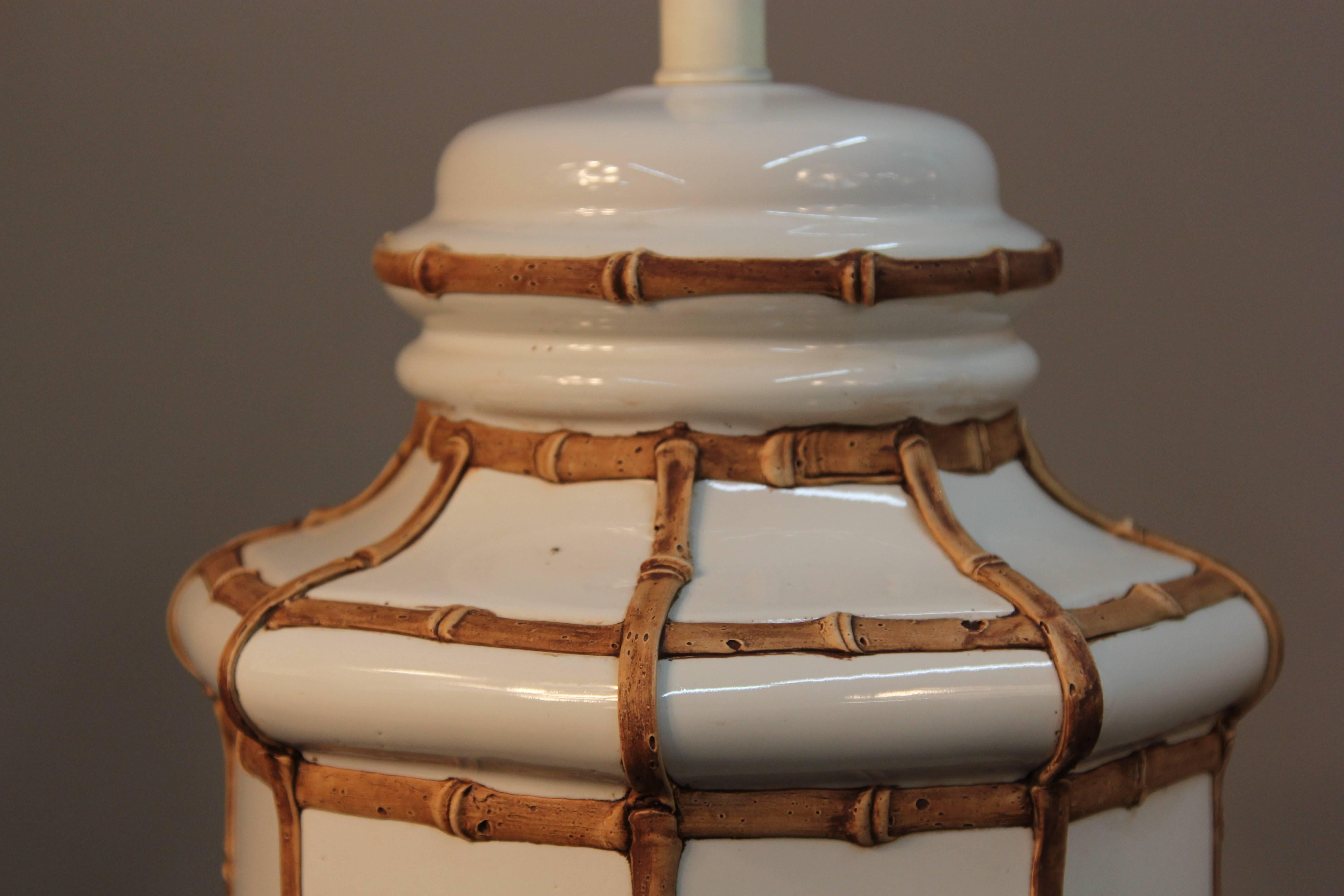 20th Century Stunning Matched Pair Ceramic Jar Lamps with Bamboo Lattice Motif