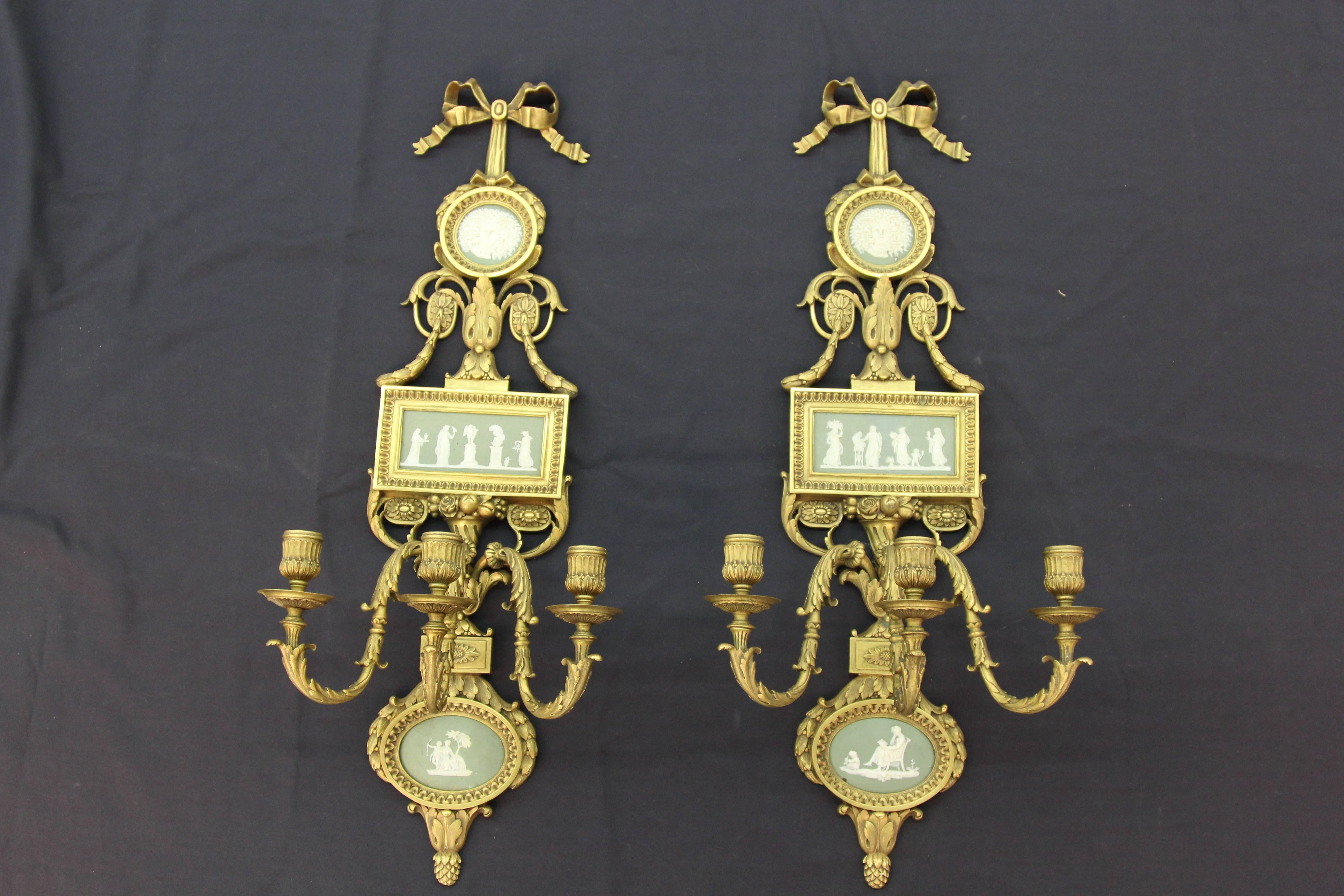 Palace size E.F. Caldwell green wedgwood doré gilt bronze sconces circa 1900. A royal pair made in limited production for important clients at the turn of the century as well as landmark buildings such as 1600 Pennsylvania Ave. NW. Washington DC.