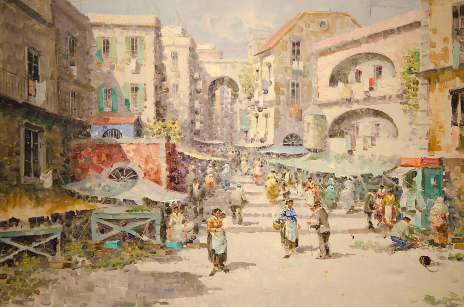 Large Vintage Italian Market Scene Painting For Sale at 1stdibs