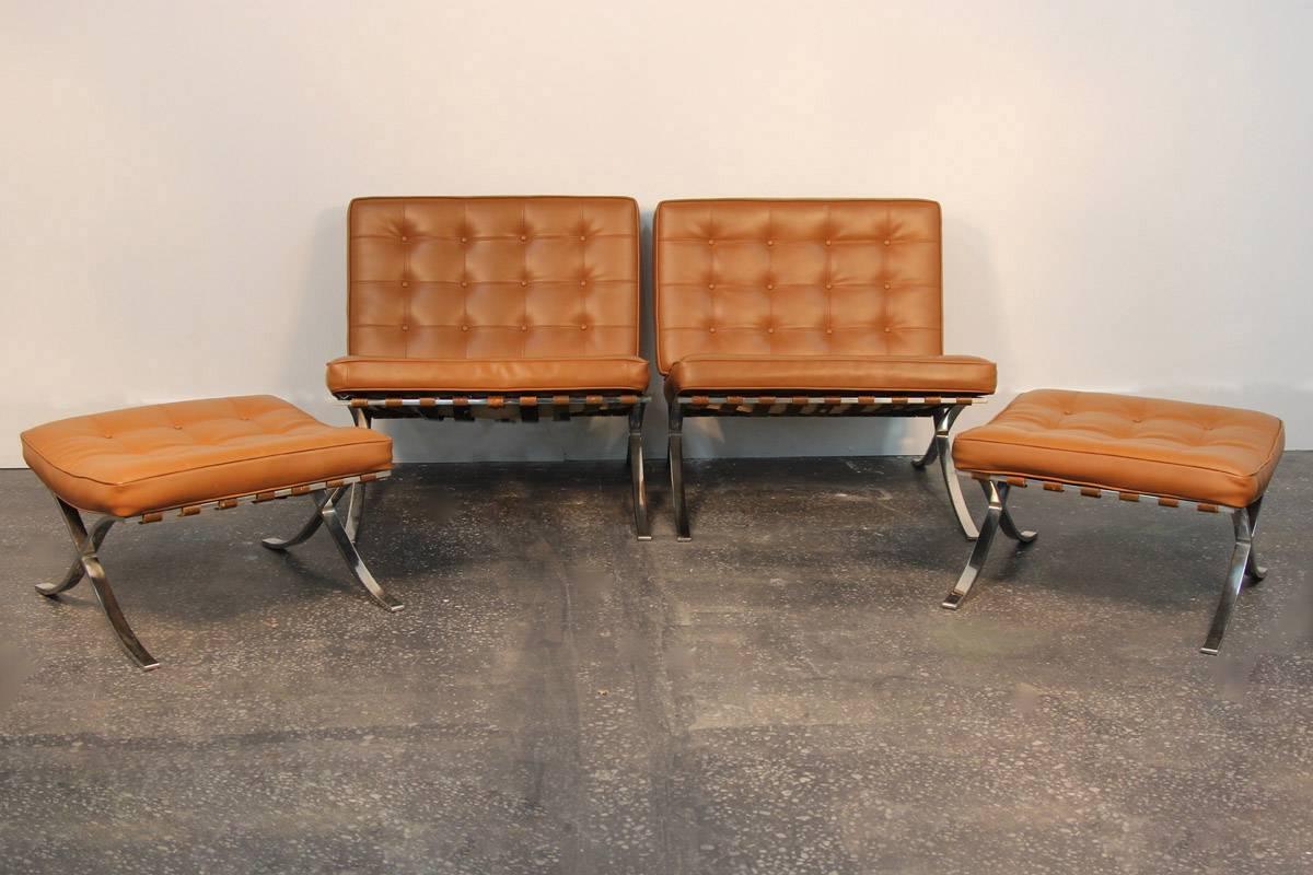 American Pair of Mies Van De Rohe Barcelona Chairs with Matching Ottomans for Knoll