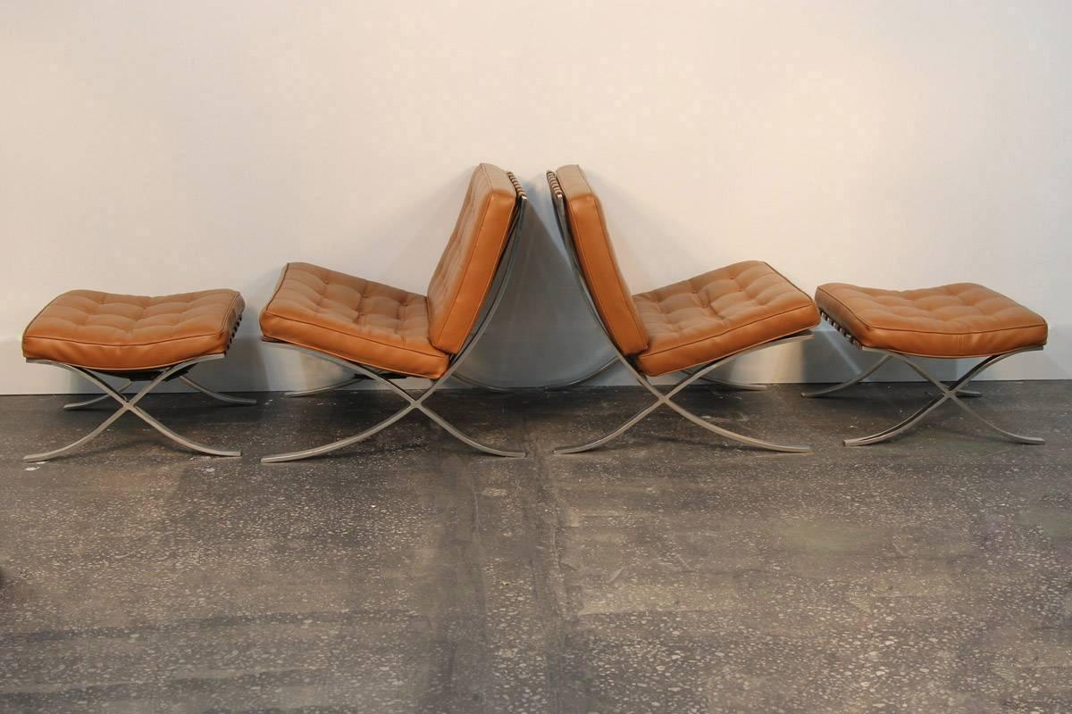 Mid-Century Modern Pair of Mies Van De Rohe Barcelona Chairs with Matching Ottomans for Knoll