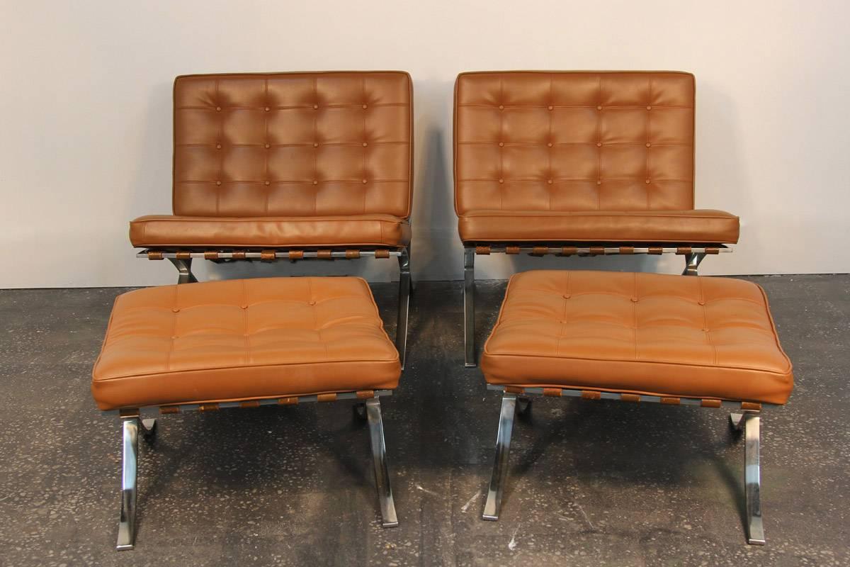 Beautiful set of Barcelona chairs and ottomans in original tan leather. Beautiful condition, very heavy chrome frames.