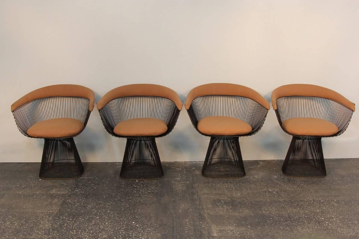 Beautiful original bronze. Set of four dining or side chairs. Needs reupholstery, which can arrange for you, or sell as is.