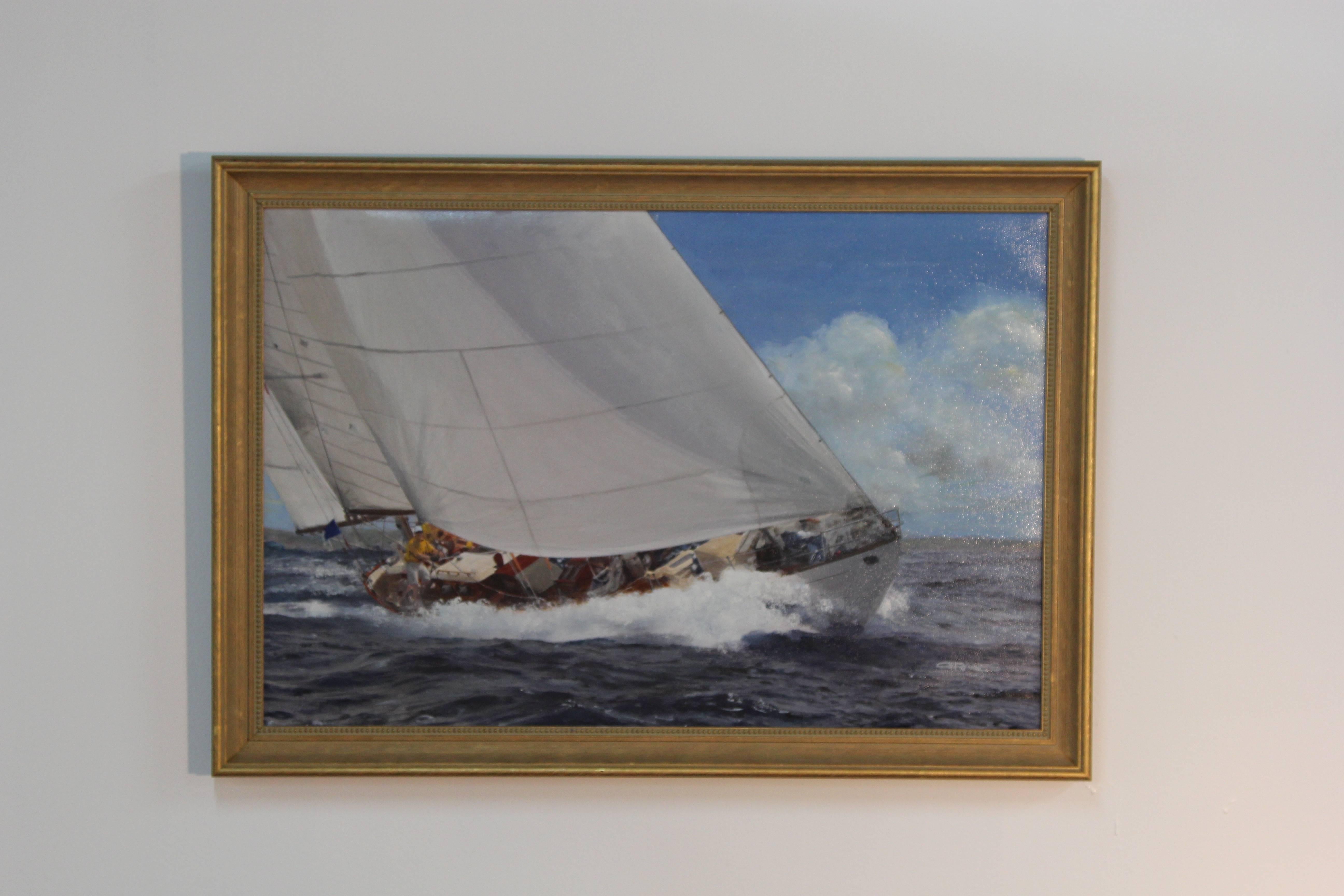 Measures: 20”x30” framed oil on canvas painting of yacht racing in Antigua Race Week.

Mary Rose,
A 64.5 foot yacht designed by Nathaniel G. Herreschoff an American naval architect, mechanical engineer, and yacht design innovator in 1925.
The