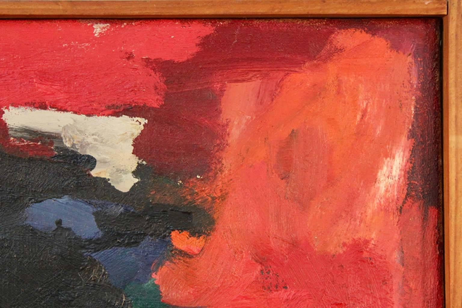 A very rare and fine abstract painting in all original condition from the 1950s by Dora Tuynman. Having a blood red background with blues and creates in an iconic composition of abstraction signed and dated lower right as well as on back with Paris