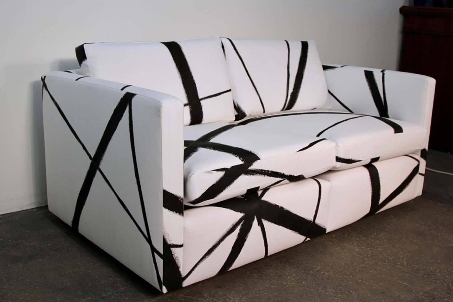 Mid-Century Modern Knoll Pfister Loveseat Sofa with Custom Hand-Painted Fabric