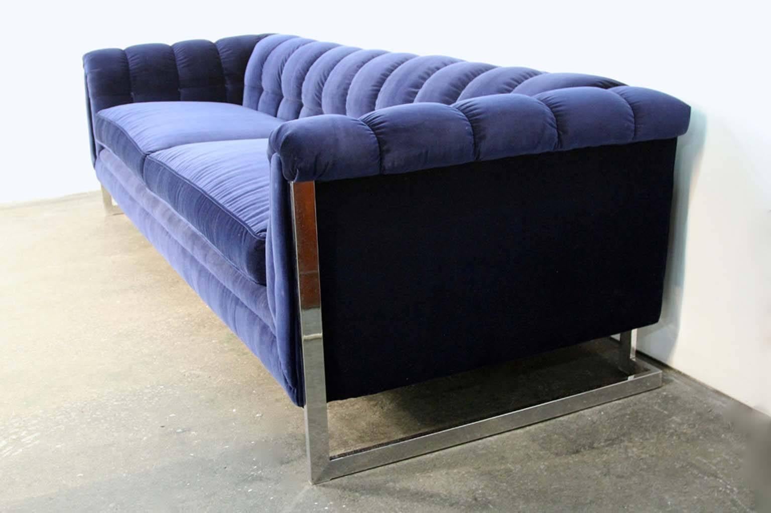 mid century blue velvet sofa