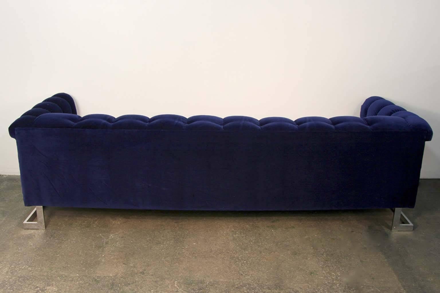 Blue Velvet Tufted Back Chrome Frame Mid-Century Modern Sofa In Excellent Condition For Sale In Bridport, CT