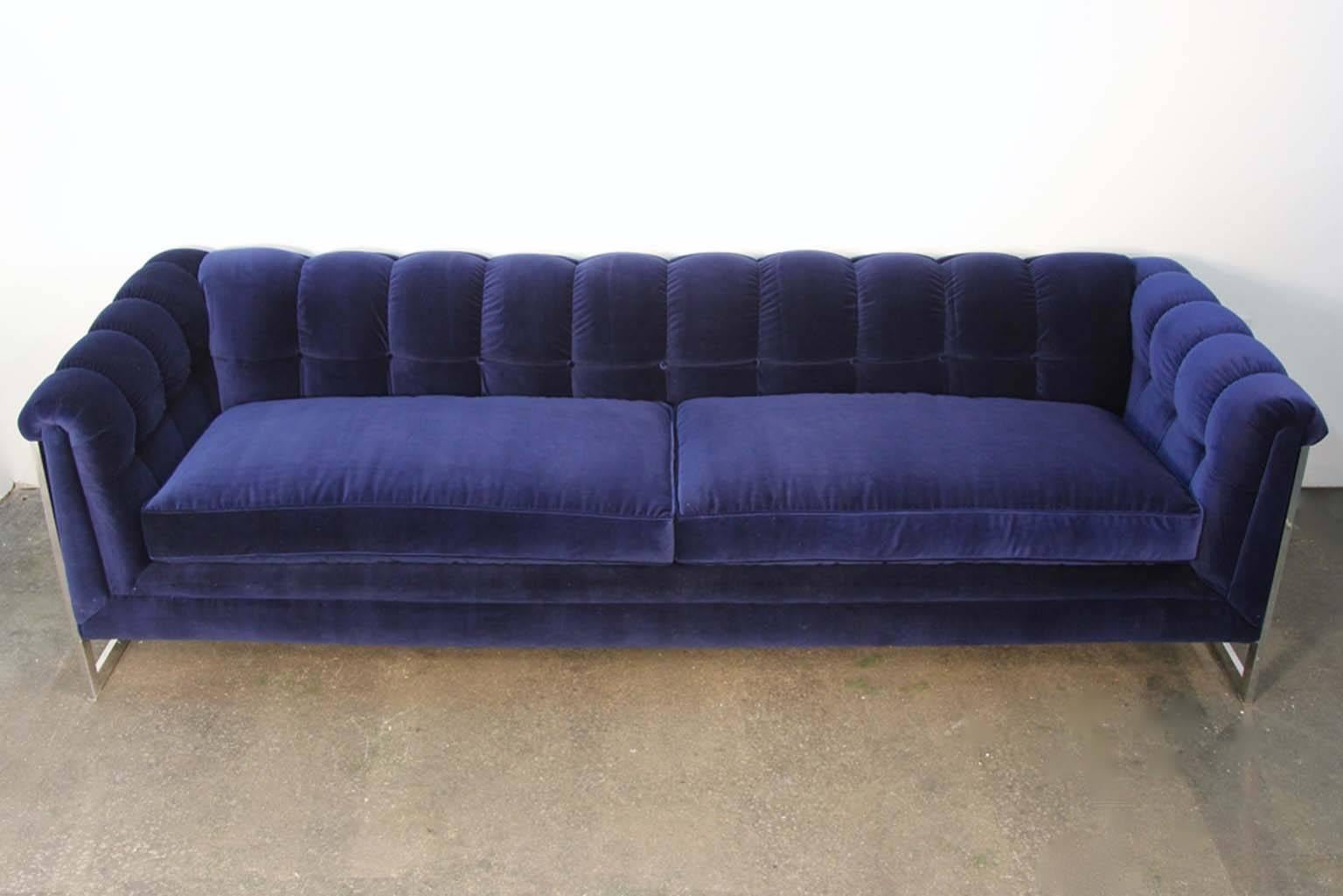 Amazing newly upholstered in navy blue velvet, tufted back, chrome frame sofa. Originally by Town Mix collection, this sofa has been custom modified to look amazing. Beautiful navy velvet, clean lines, and amazing style.
