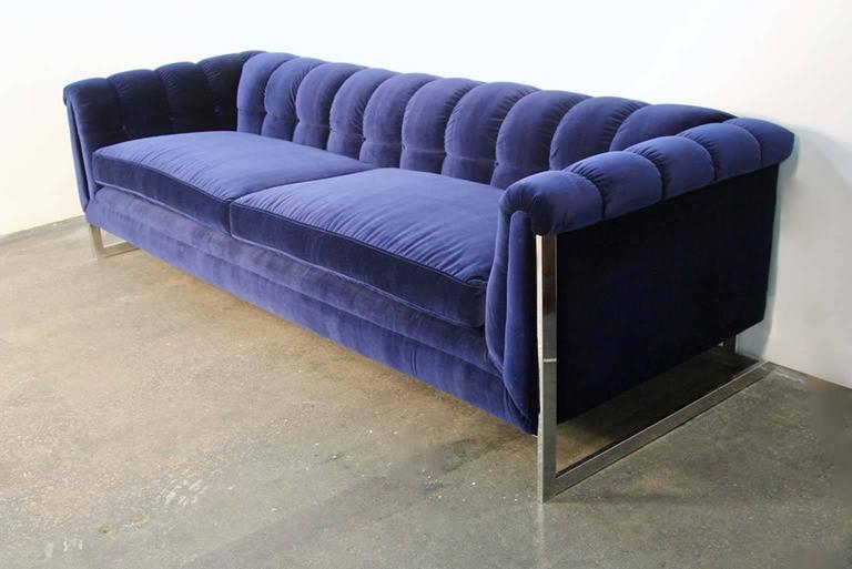 Blue Velvet Tufted Back Chrome Frame MidCentury Modern Sofa For Sale