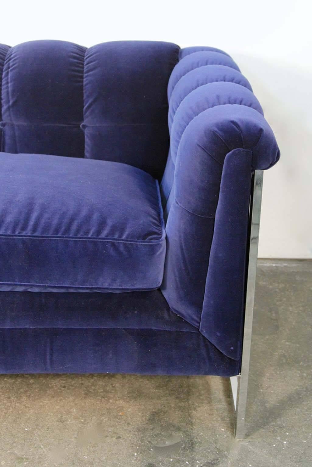American Blue Velvet Tufted Back Chrome Frame Mid-Century Modern Sofa For Sale