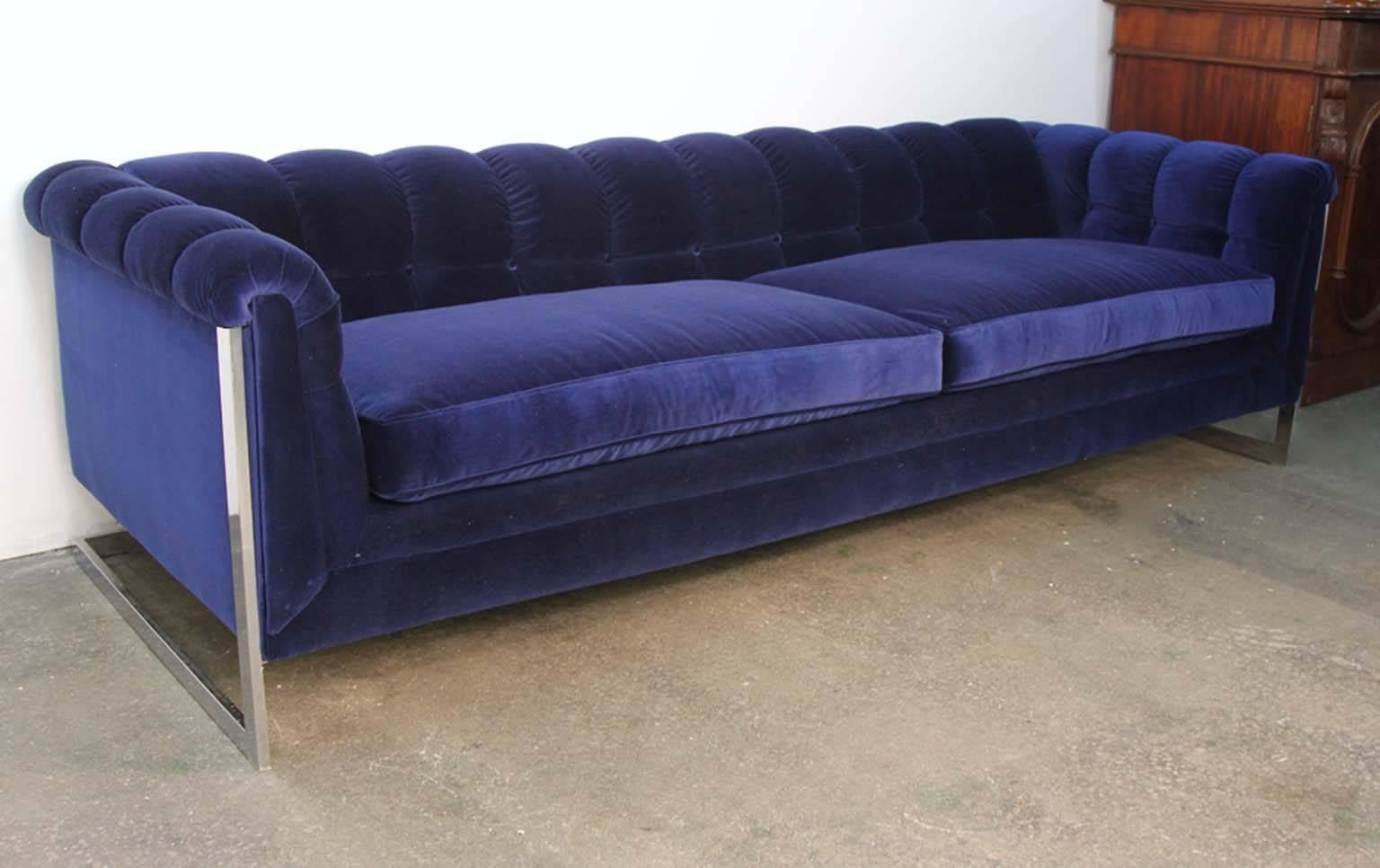 Upholstery Blue Velvet Tufted Back Chrome Frame Mid-Century Modern Sofa For Sale