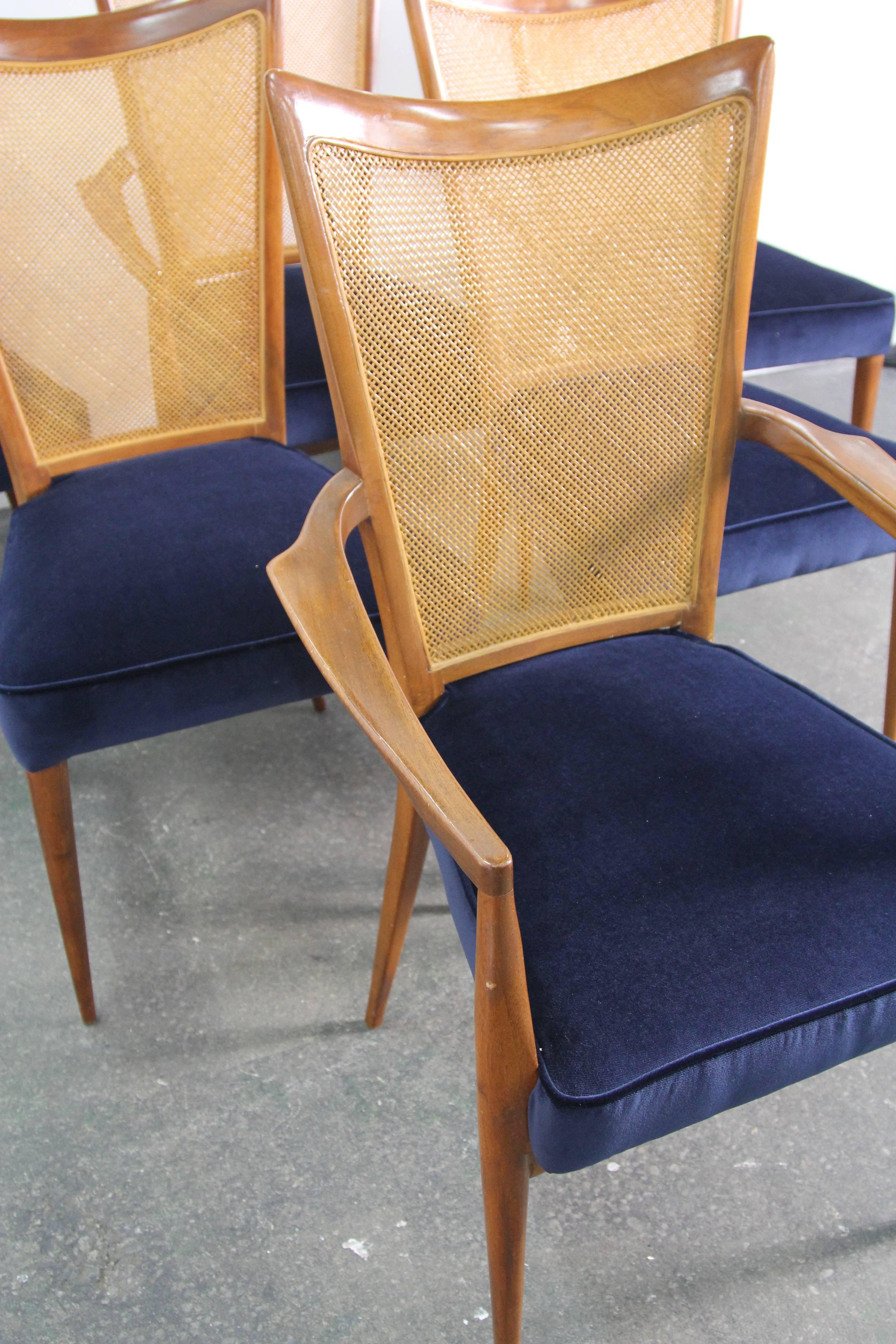Italian Set of Six Erno Fabry Dining Chairs Newly Upholstered Navy Velvet
