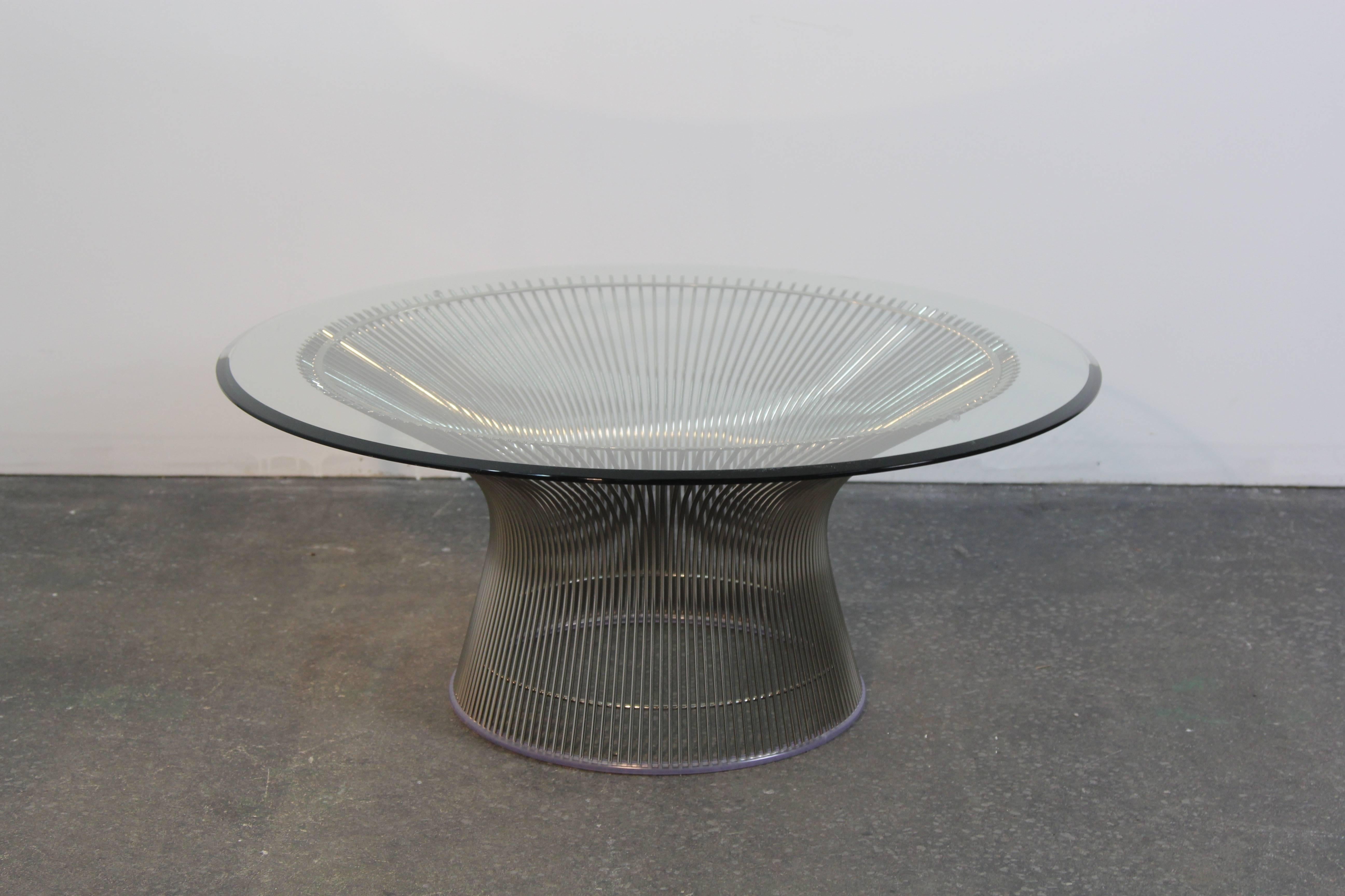 Warren Platner chrome coffee table. Glass top, steel rod base with glass top.