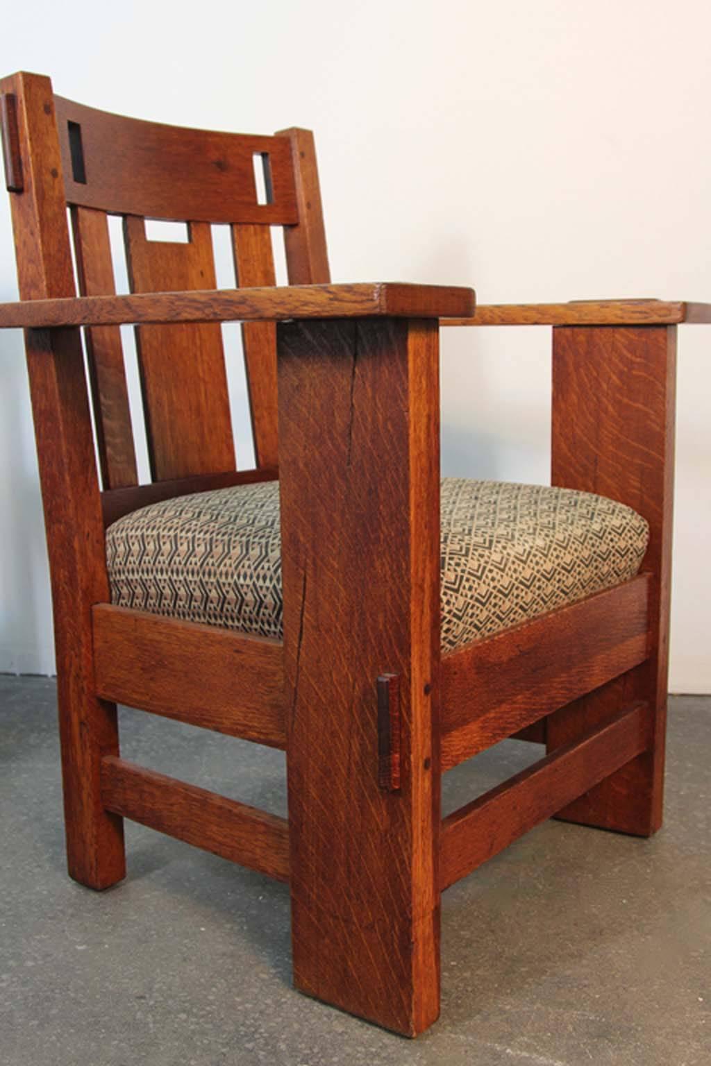 Mission Pair of Gustav Stickley Armchair and Rocking with Frank Lloyd Wright Upholstery For Sale
