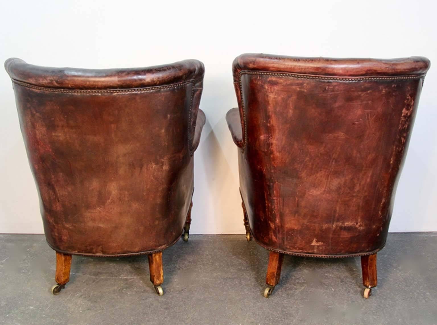 19th Century Pair of Tufted Leather Club Library Chairs In Distressed Condition In Bridport, CT