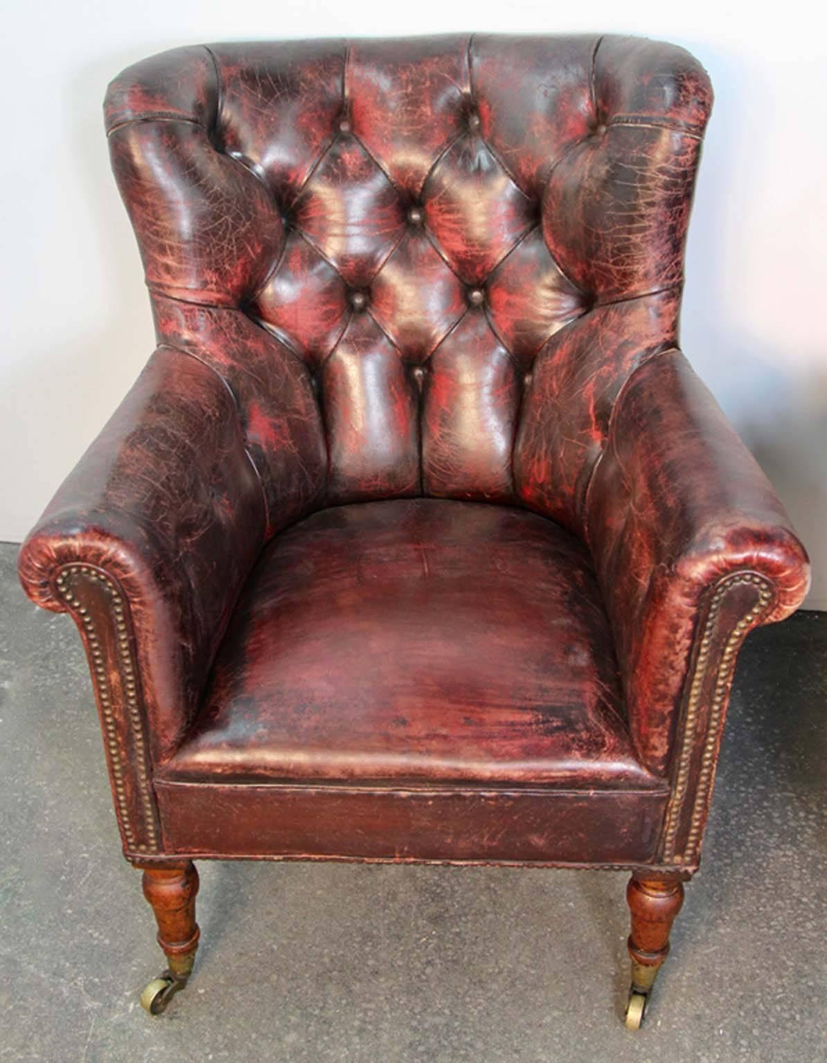 19th Century Pair of Tufted Leather Club Library Chairs 2