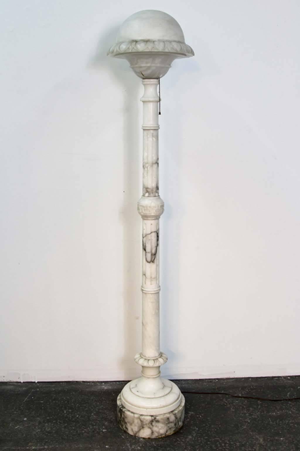 Finely carved antique alabaster floor lamp. Greek key design and domed top. Professional repair to dome top as shown in photos.