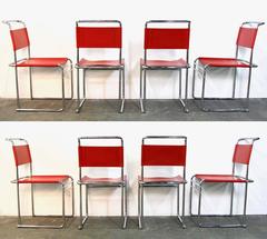 Set of Eight Bauhaus Style Red Leather and Chrome Dining Chairs
