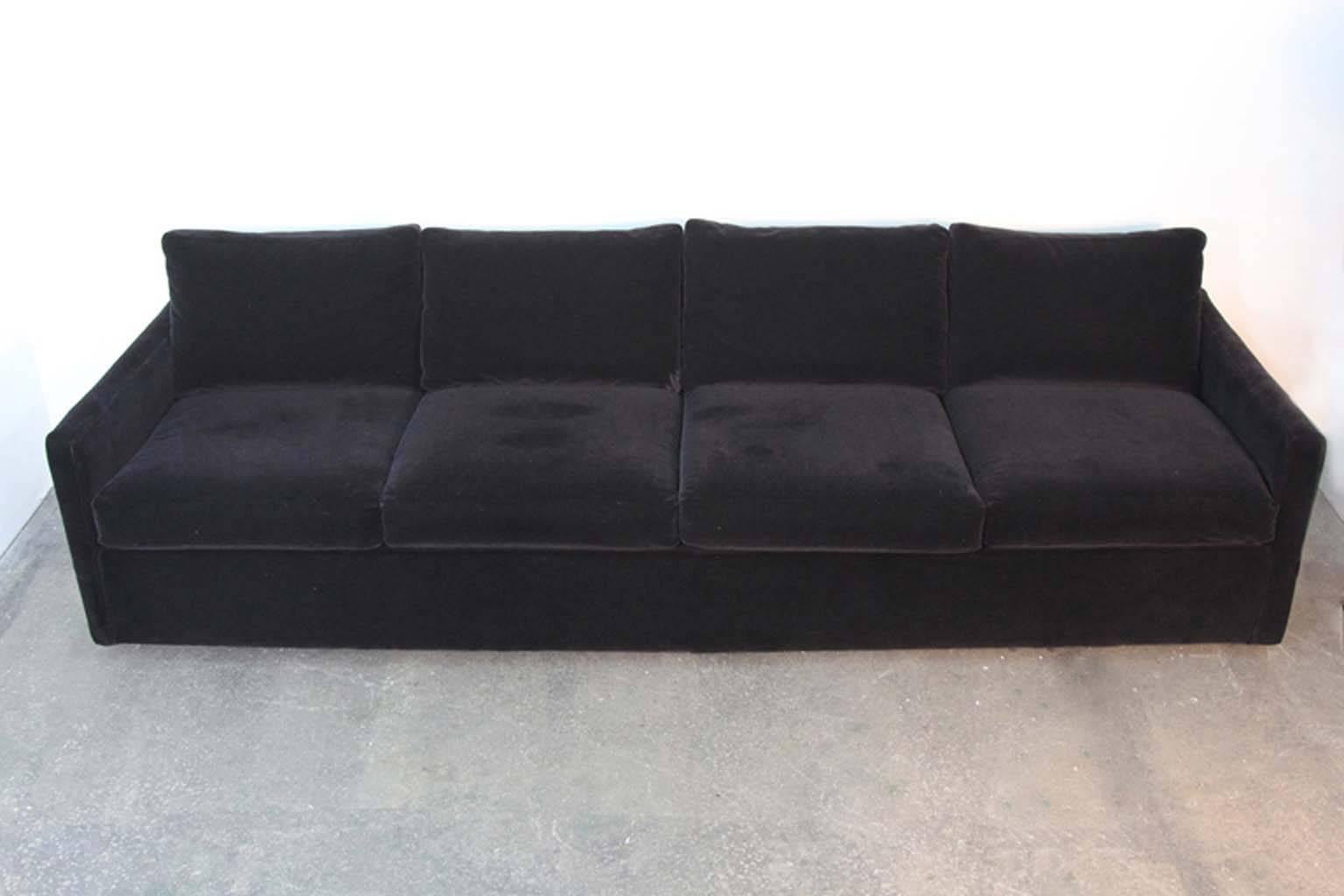 Amazing Knoll mohair upholstery on this very long four seat Mid-Century modern sofa. Clean sleek style, amazing upholstery, extra long.