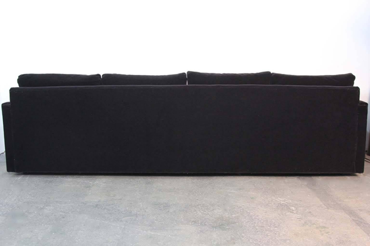 American Mid-Century Modern Tuxedo Style Four-Seat Sofa in Black Mohair For Sale