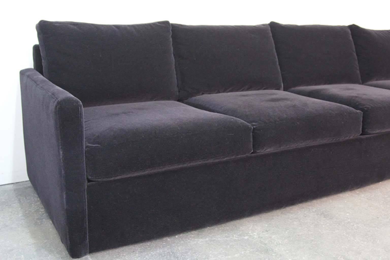 Mid-Century Modern Tuxedo Style Four-Seat Sofa in Black Mohair For Sale 1