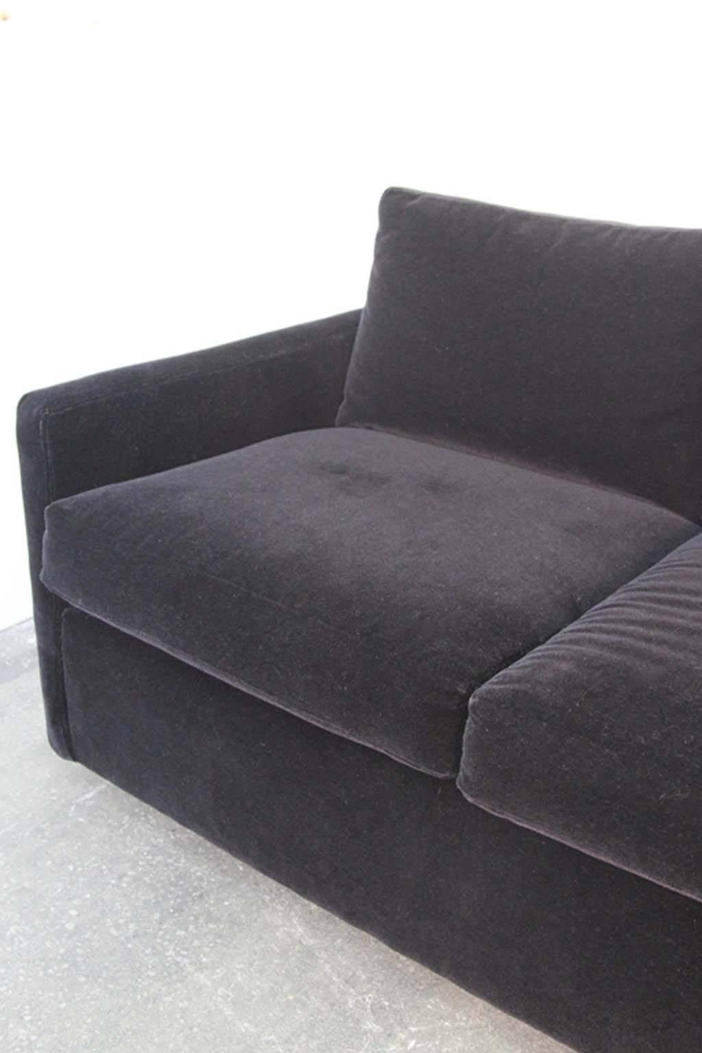 Mid-Century Modern Tuxedo Style Four-Seat Sofa in Black Mohair In Excellent Condition For Sale In Bridport, CT